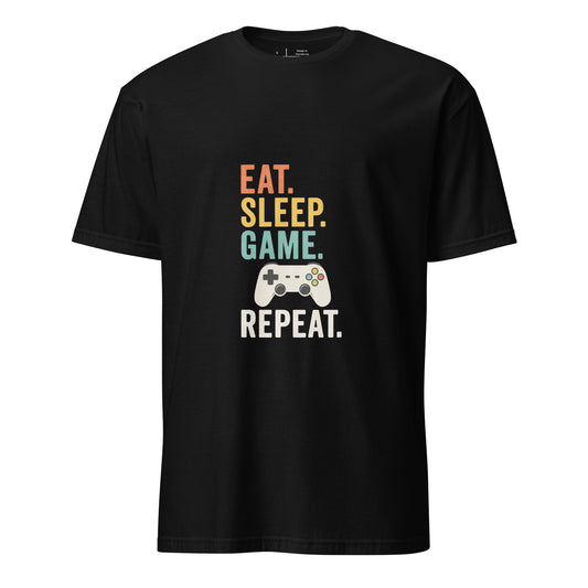 "Eat. Sleep. Game. Repeat." Retro Gamer - Short-Sleeve Unisex T-Shirt - Graphic Tee - Black - Front
