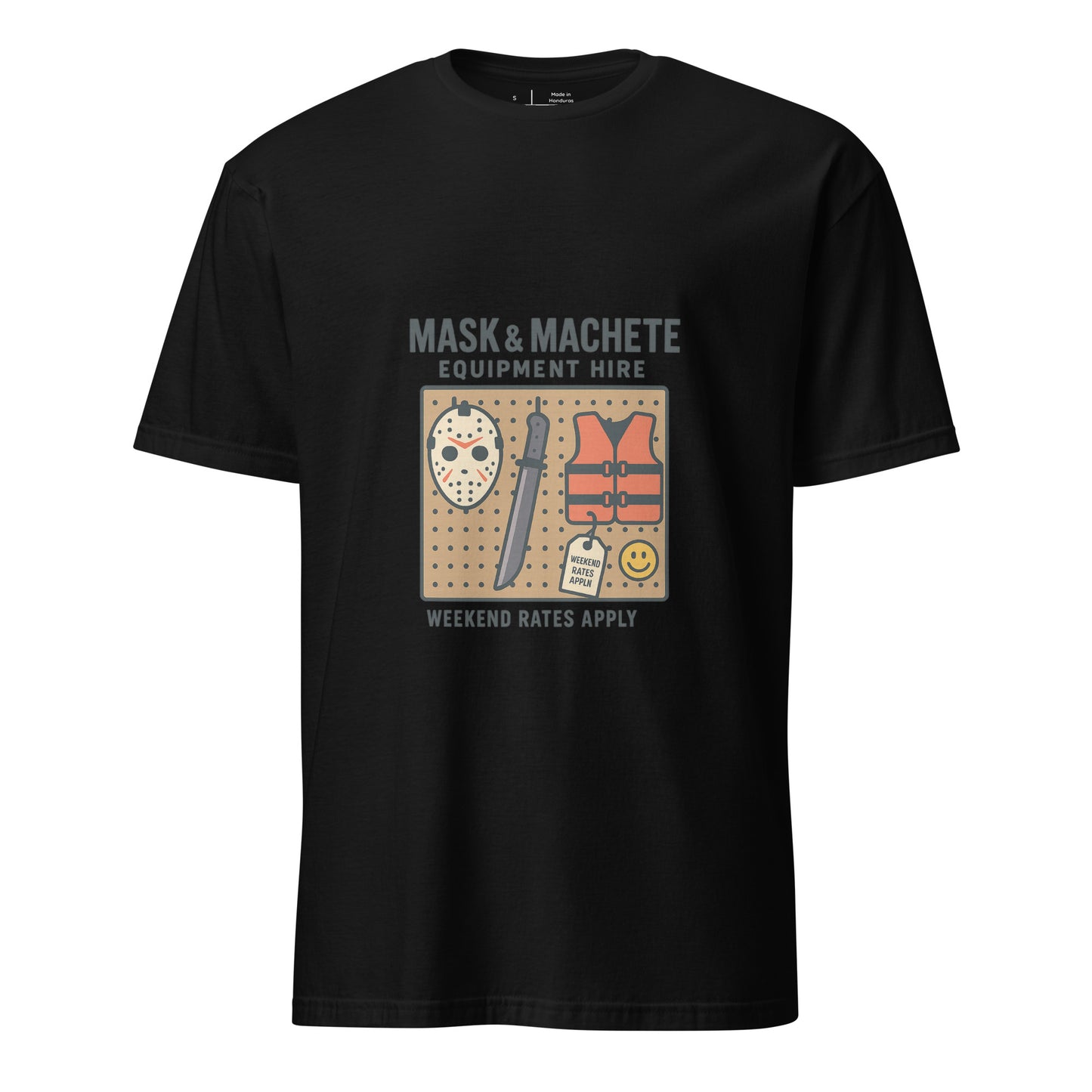 Mask & Machete Equipment Hire – For All Your Slasher Needs - Short-Sleeve Unisex T-Shirt - Graphic Tee - Black - Front