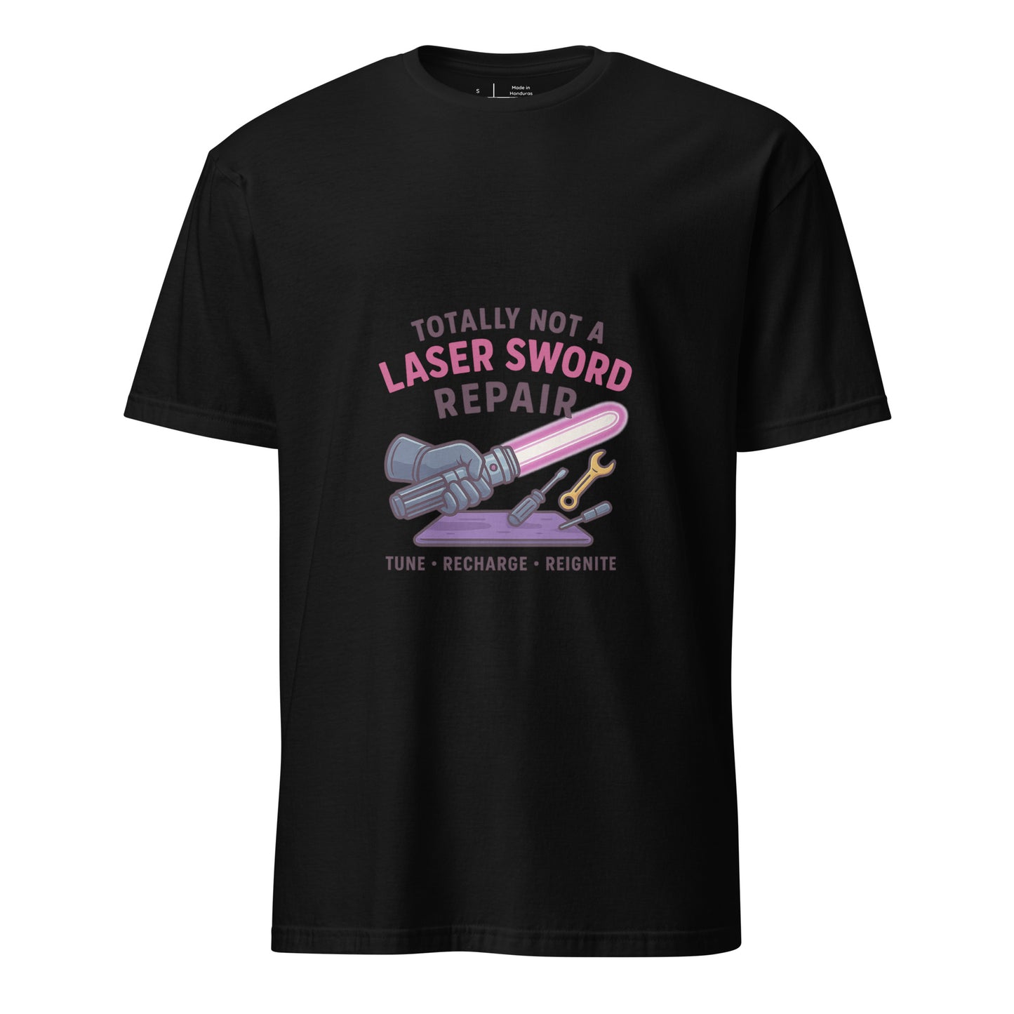 Totally Not A Laser Sword Repair – Galactic Fixes, Off The Books - Short-Sleeve Unisex T-Shirt - Graphic Tee - Black - Front