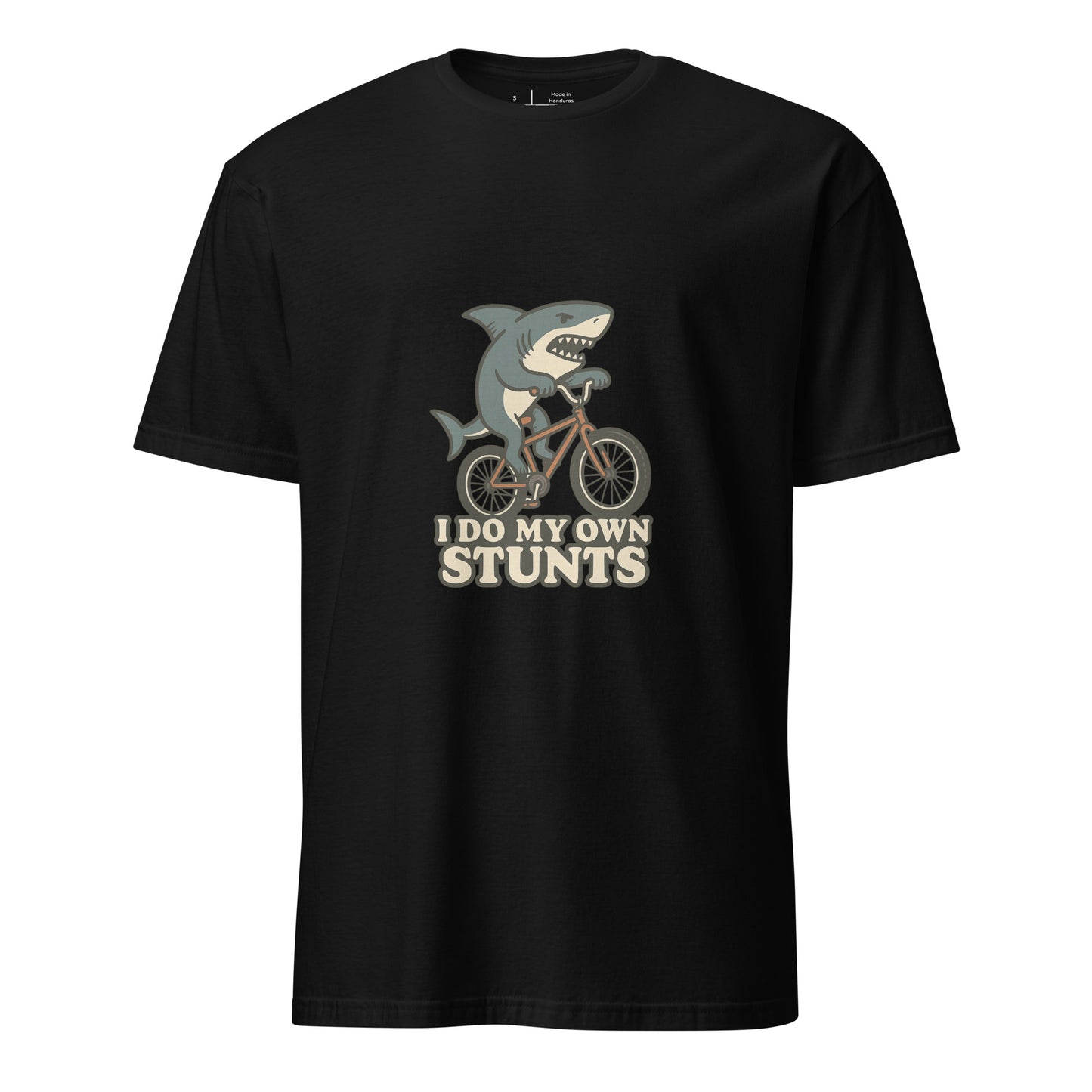 I Do My Own Stunts – Cartoon Shark BMX  - Short-Sleeve Unisex T-Shirt - Graphic Tee - Black - Front