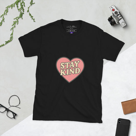 Stay Kind – Retro Heart Typography - Short-Sleeve Unisex T-Shirt - Graphic Tee - Black - Front
