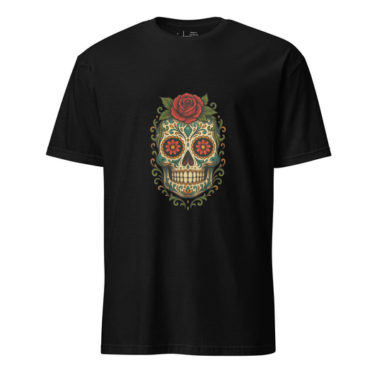 Day Of The Dead – Red Rose Skull Edition - Short-Sleeve Unisex T-Shirt - Graphic Tee - Black - Front