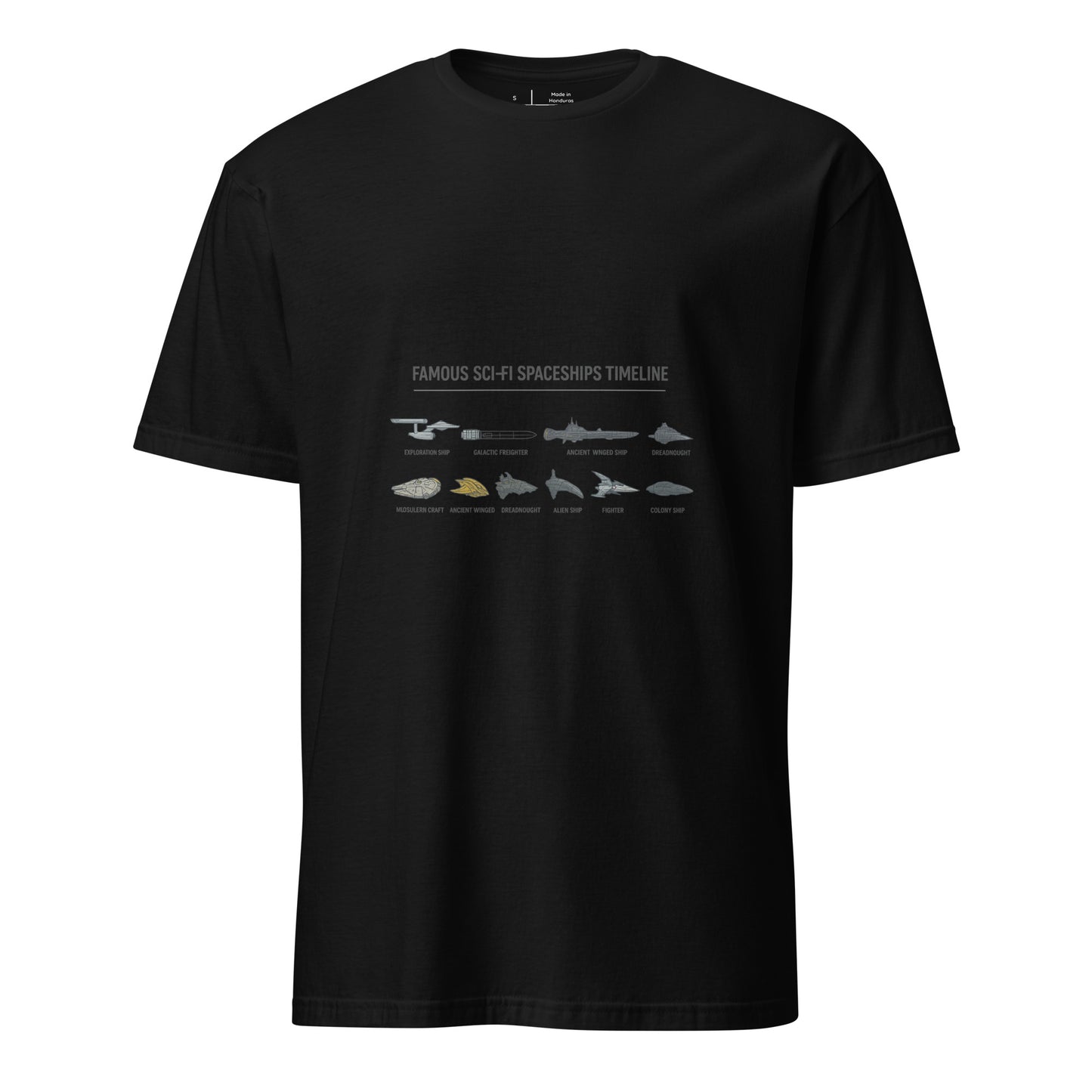Famous Sci-Fi Starships Timeline – Legendary Vessels - Short-Sleeve Unisex T-Shirt - Graphic Tee - Black - Front
