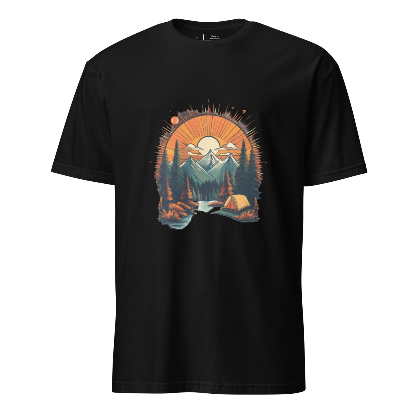 Golden Sunset Camping Escape – Adventure - Short-Sleeve Unisex T-Shirt - Graphic Tee - Black - Front