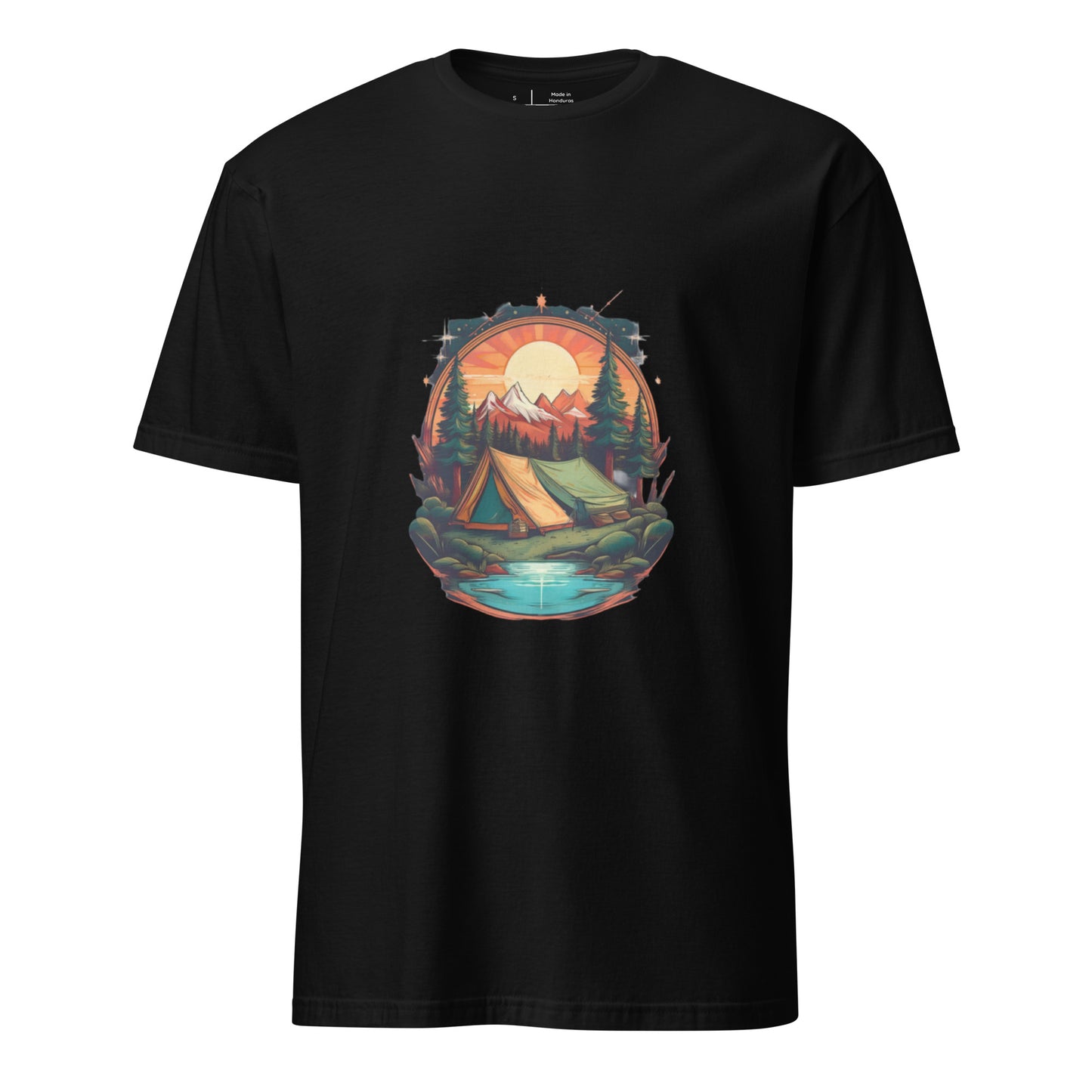 Golden Escape – Twin Tent Adventure - Short-Sleeve Unisex T-Shirt - Graphic Tee - Black - Front