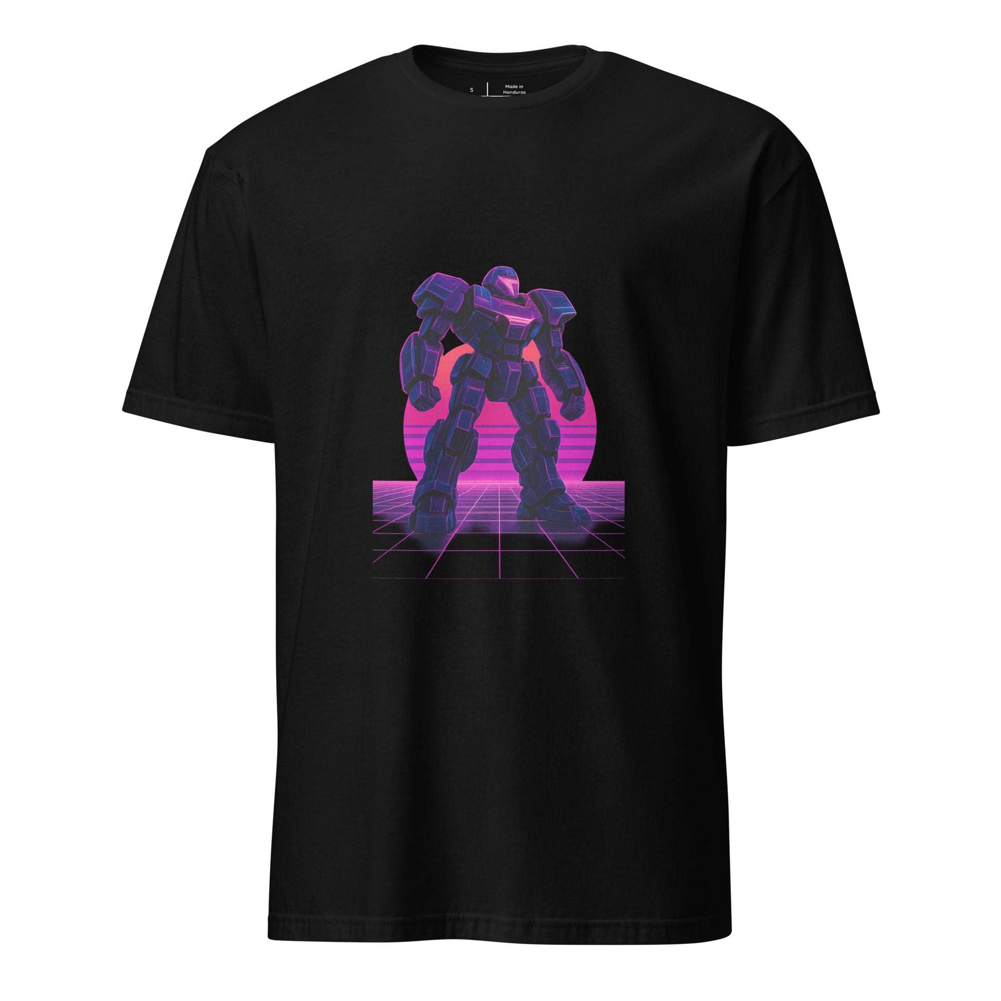 Synthwave Mech – Neon Titan - Short-Sleeve Unisex T-Shirt - Graphic Tee - Black - Front