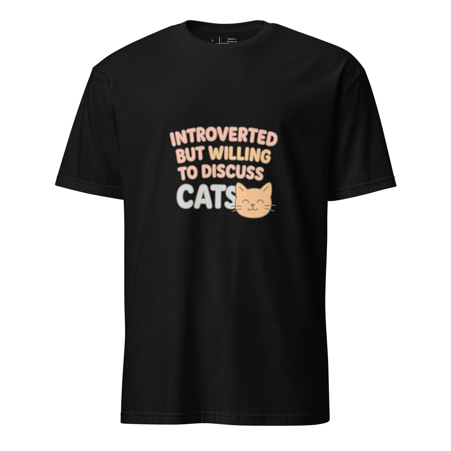 Introverted But Willing To Discuss Cats – Cozy Cat Lovers - Short-Sleeve Unisex T-Shirt - Graphic Tee - Black - Front