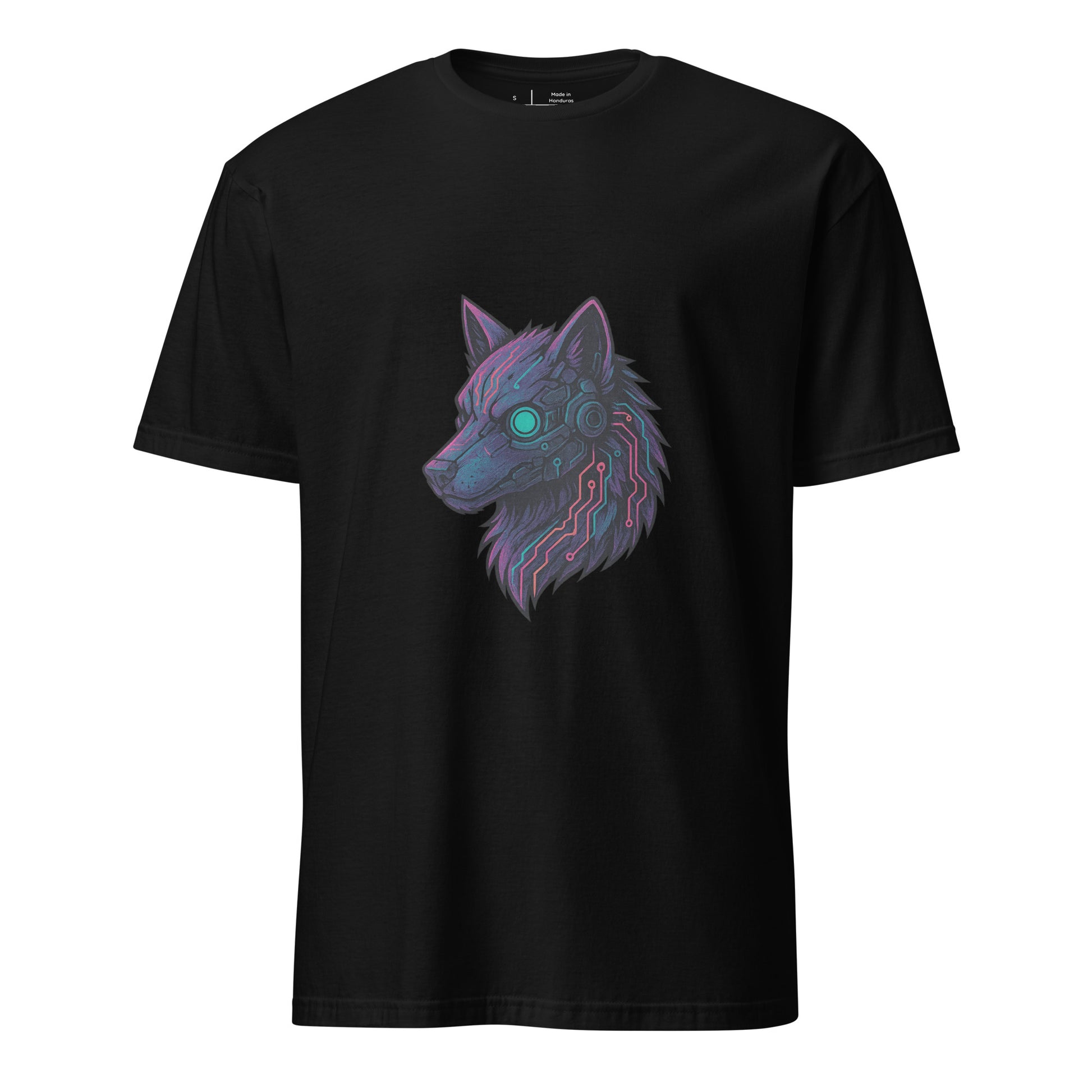 Cyber Wolf – Neon Sentinel - Short-Sleeve Unisex T-Shirt - Graphic Tee - Black - Front
