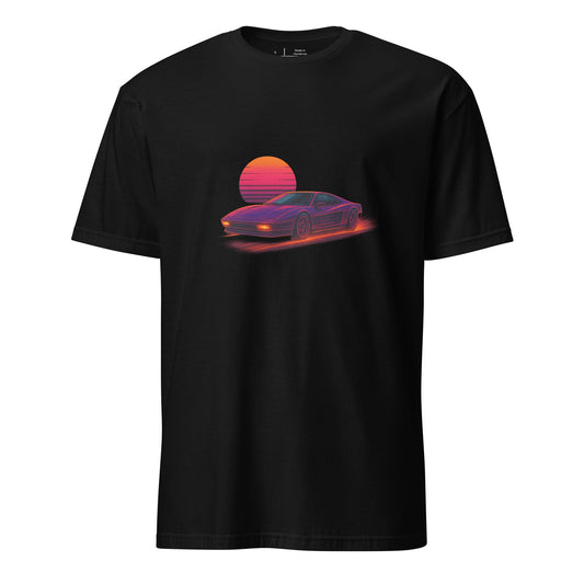 Synthwave Supercar – Race Into The Neon Future - Short-Sleeve Unisex T-Shirt - Graphic Tee - Black - Front