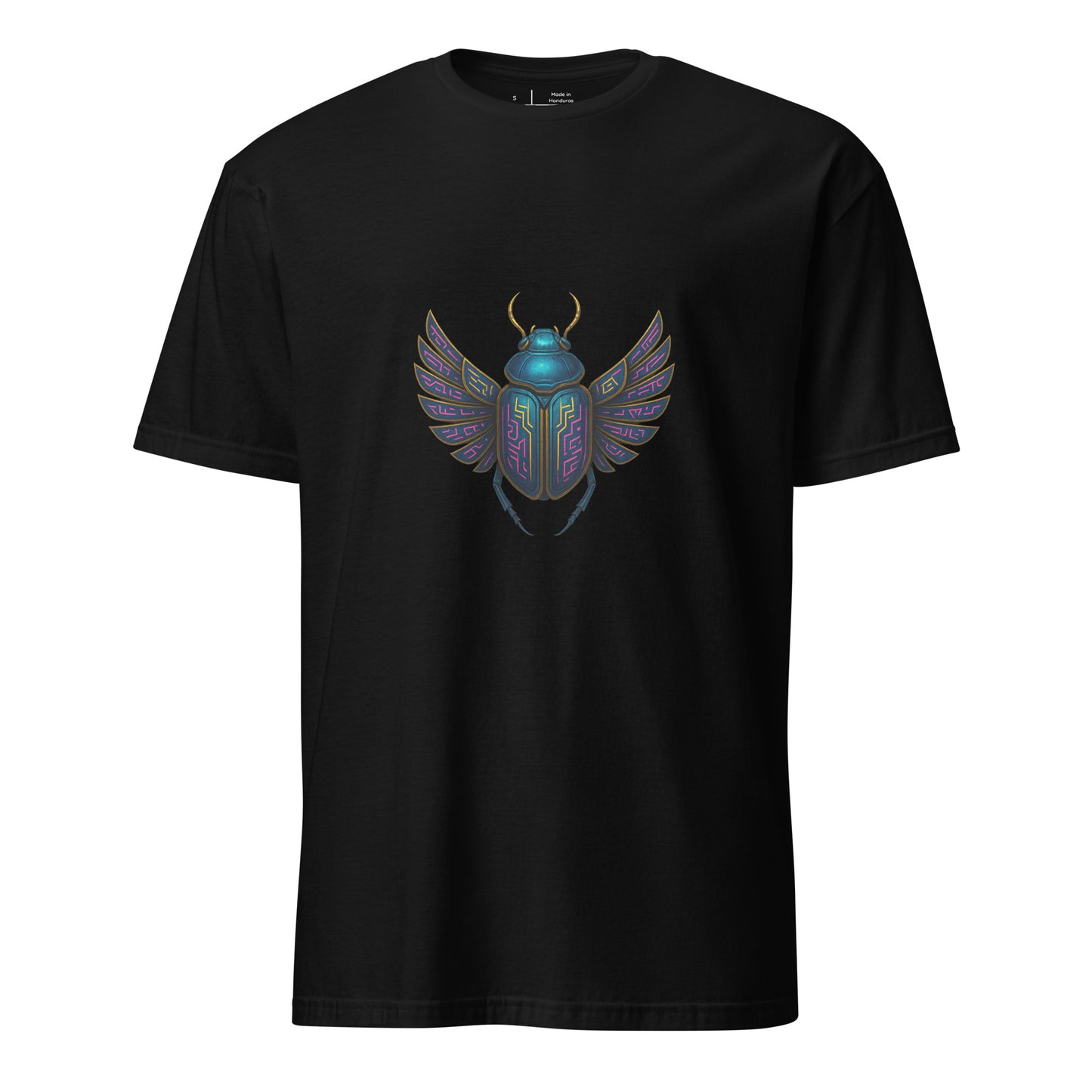 Mecha Scarab Beetle – Neon Tech Guardian - Short-Sleeve Unisex T-Shirt - Graphic Tee - Black - Front