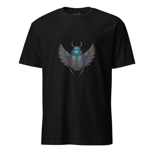 Mecha Scarab Beetle – Neon Tech Guardian - Short-Sleeve Unisex T-Shirt - Graphic Tee - Black - Front