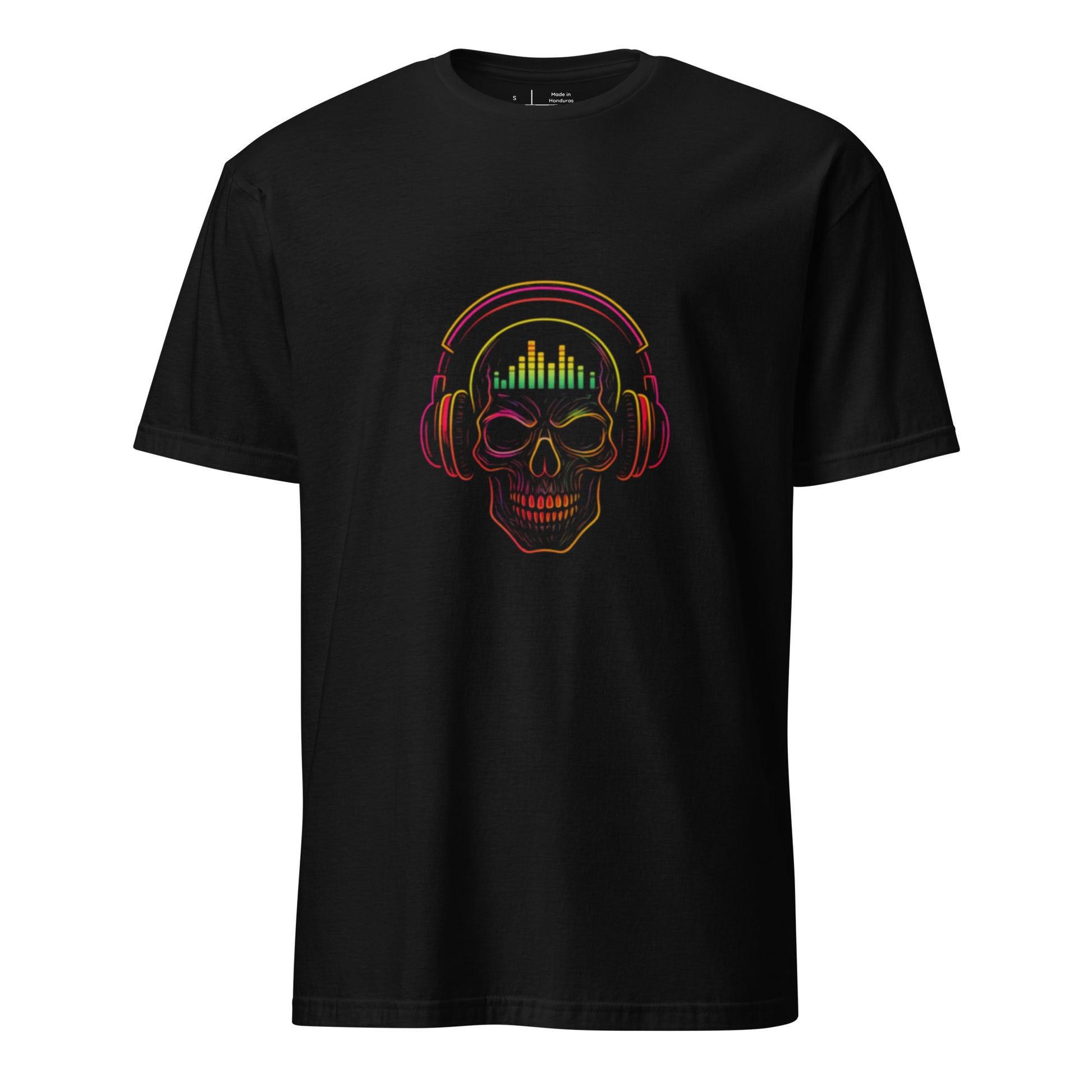 Neon Soundwave Skull – Festival Beats - Short-Sleeve Unisex T-Shirt - Graphic Tee - Black - Front