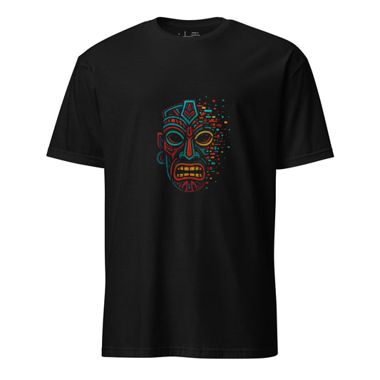 Glitch Totem Mask – Tribal Cyberpunk - Short-Sleeve Unisex T-Shirt - Graphic Tee - Black - Front