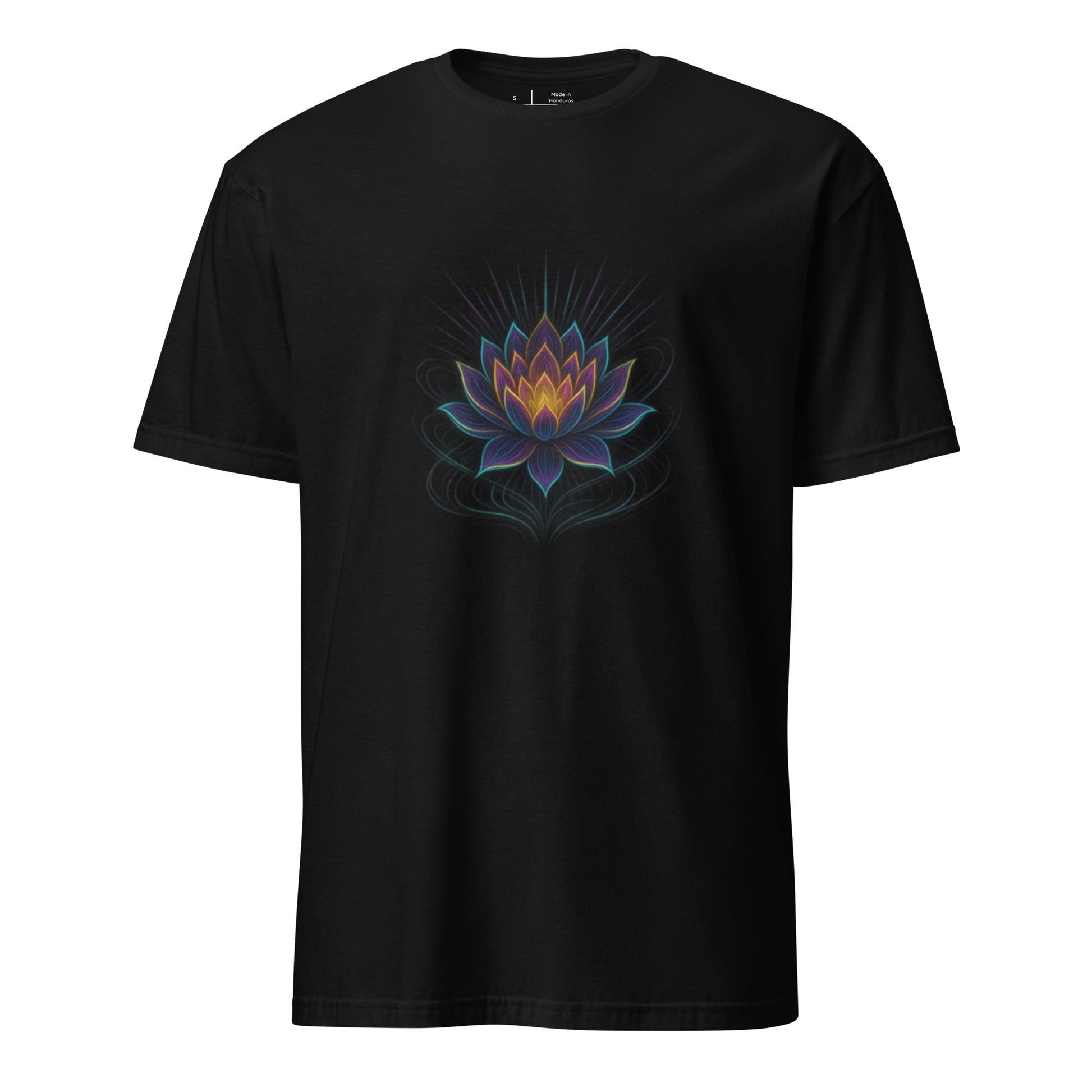 Neon Lotus Bloom – Fractal Cyber Flower - Short-Sleeve Unisex T-Shirt - Graphic Tee - Black - Front
