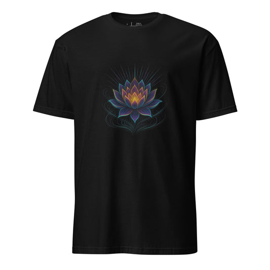 Neon Lotus Bloom – Fractal Cyber Flower - Short-Sleeve Unisex T-Shirt - Graphic Tee - Black - Front