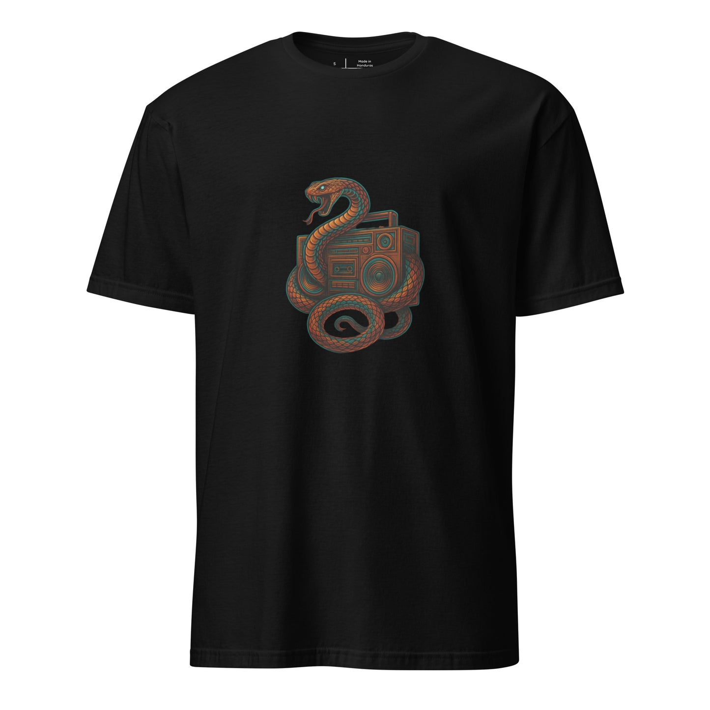 Bassline Serpent – Snake & Soundwaves - Short-Sleeve Unisex T-Shirt - Graphic Tee - Black - Front