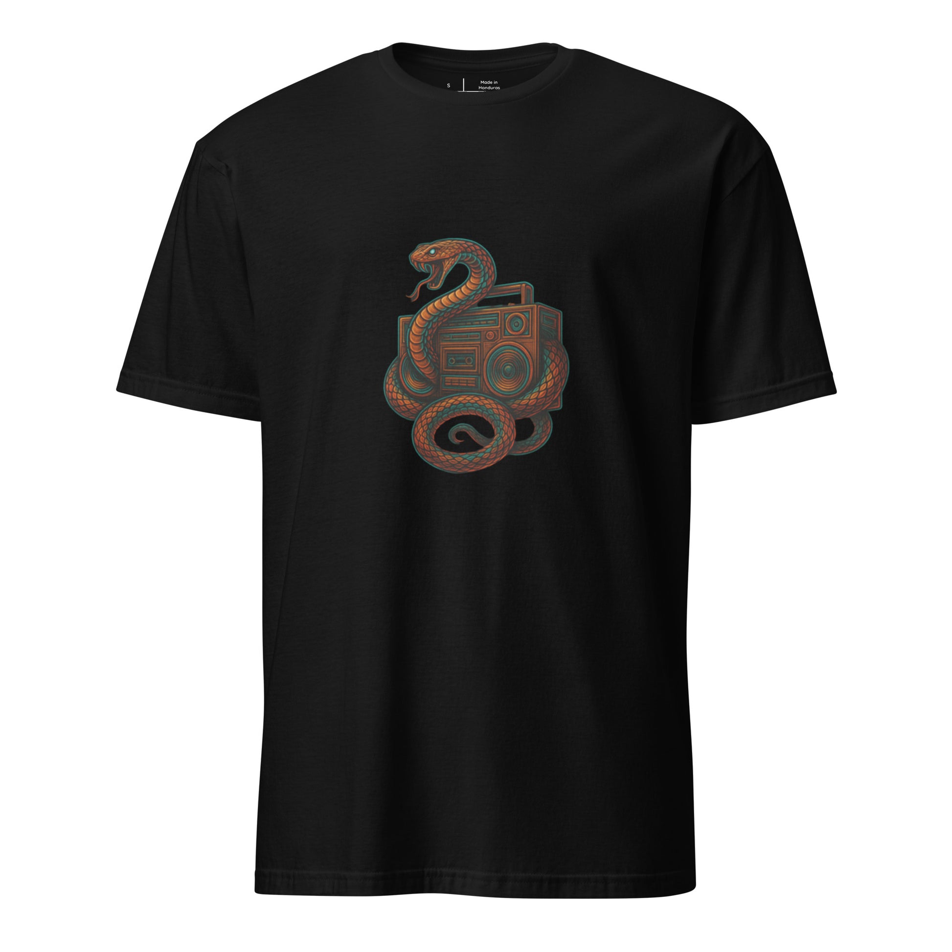 Bassline Serpent – Snake & Soundwaves - Short-Sleeve Unisex T-Shirt - Graphic Tee - Black - Front
