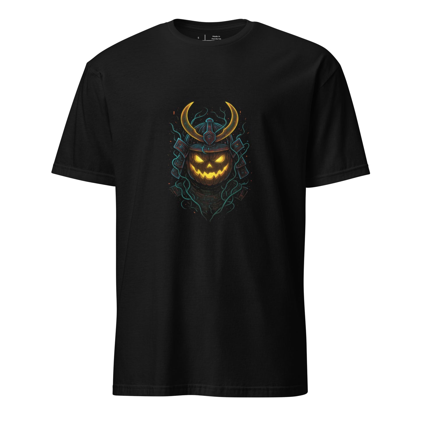 Neon Pumpkin Samurai – Cyber Halloween Glow - Short-Sleeve Unisex T-Shirt - Graphic Tee - Black - Front