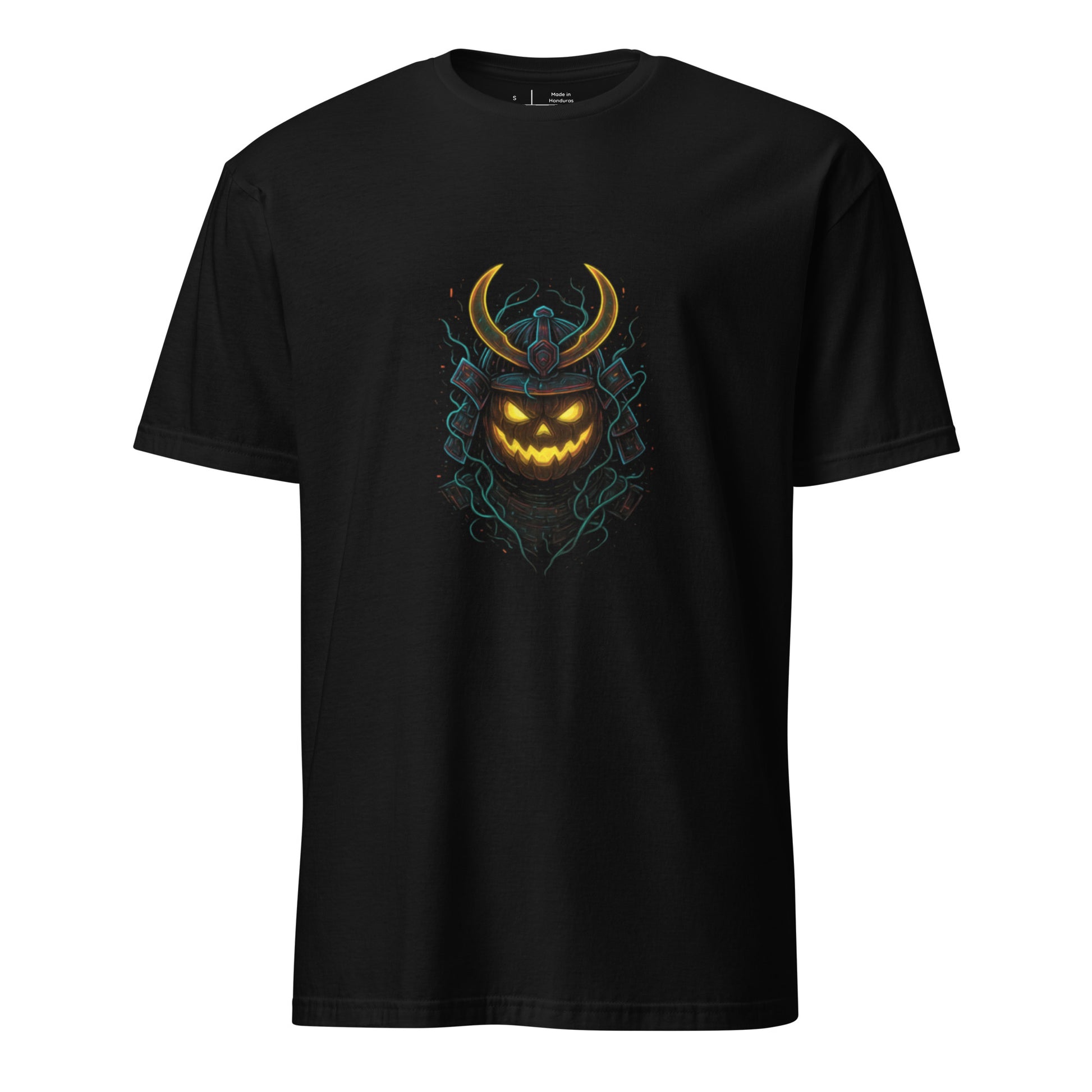 Neon Pumpkin Samurai – Cyber Halloween Glow - Short-Sleeve Unisex T-Shirt - Graphic Tee - Black - Front
