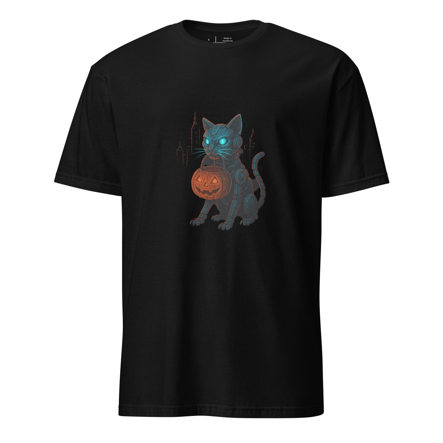Trick-or-Treat Cyborg Cat – Cyberpunk Halloween Glow - Short-Sleeve Unisex T-Shirt - Graphic Tee - Black - Front