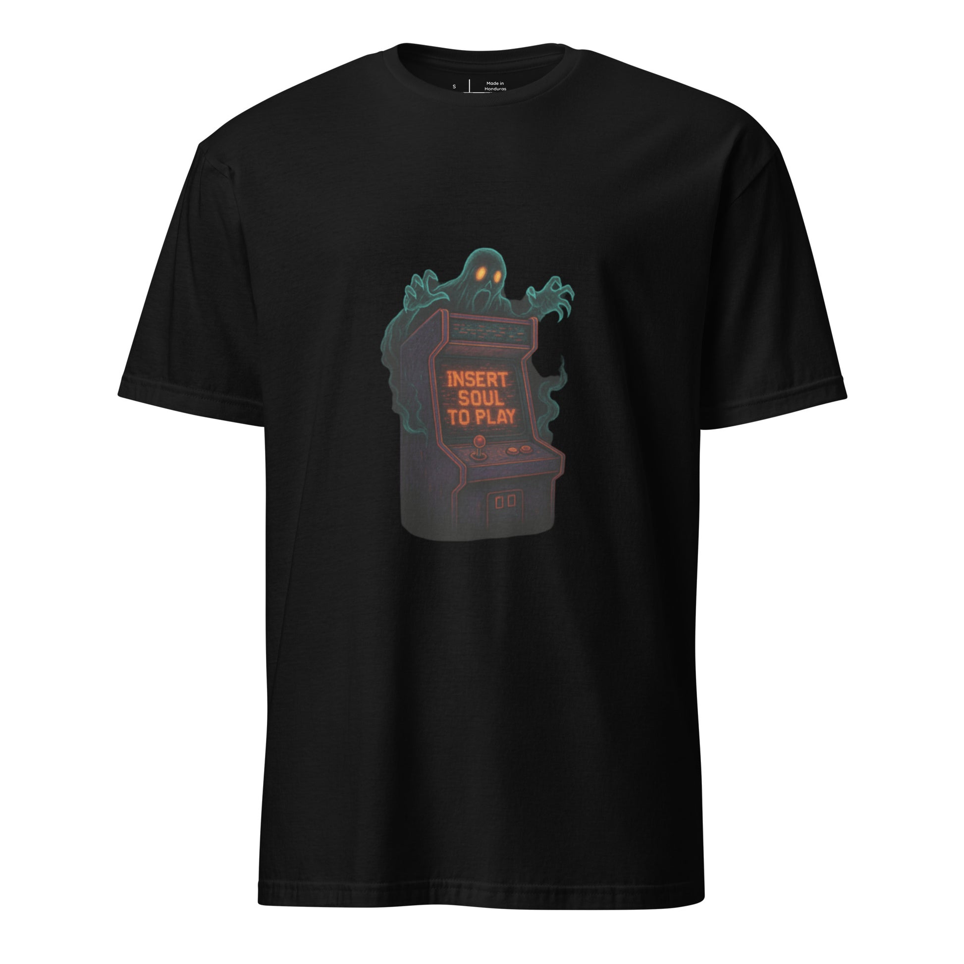 Haunted Neon Arcade Machine – “Insert Soul to Play” Retro Horror - Short-Sleeve Unisex T-Shirt - Graphic Tee - Black - Front