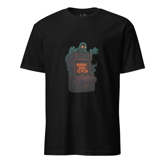 Haunted Neon Arcade Machine – “Insert Soul to Play” Retro Horror - Short-Sleeve Unisex T-Shirt - Graphic Tee - Black - Front