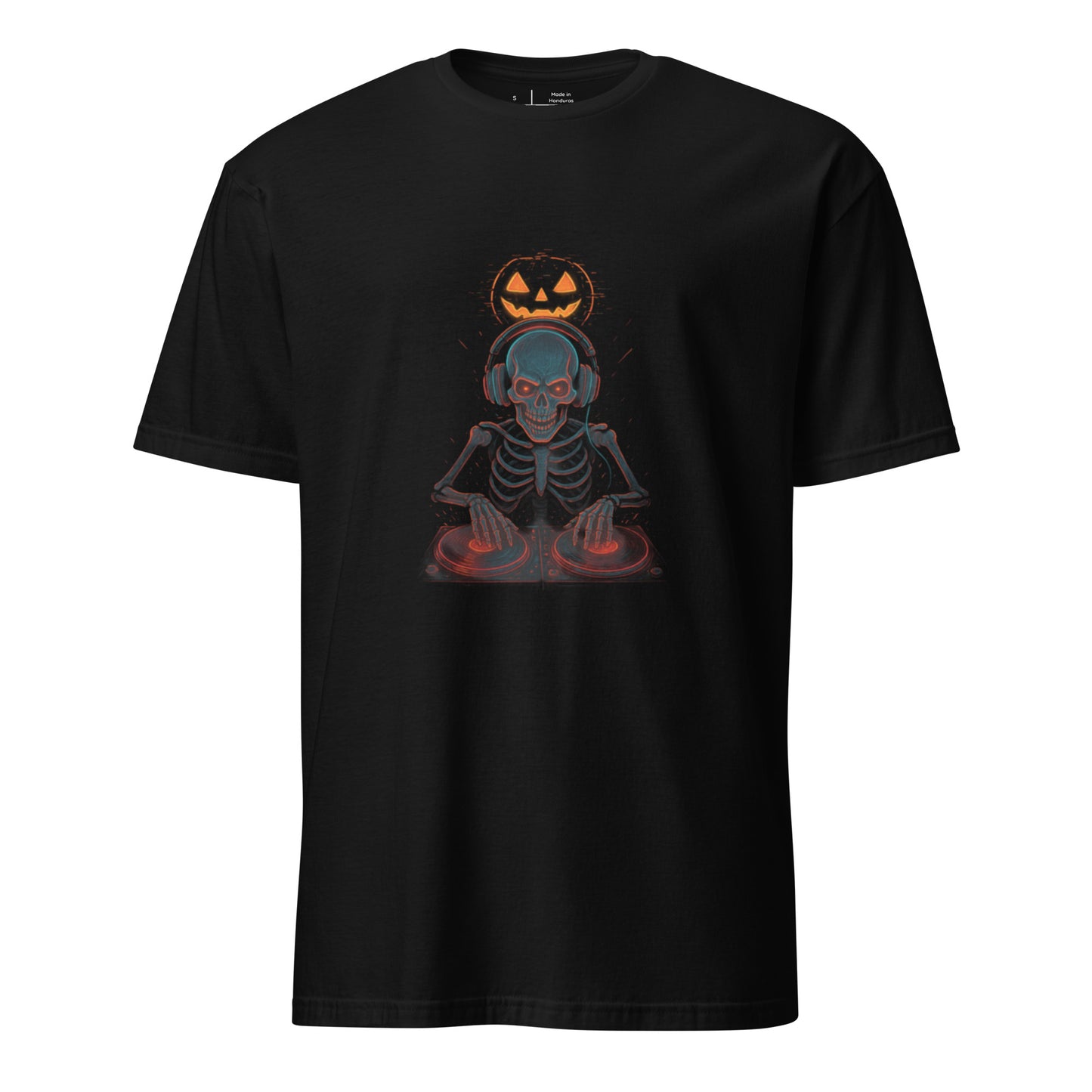 DJ Skeleton Raver – Cyberpunk Halloween Mixmaster - Short-Sleeve Unisex T-Shirt - Graphic Tee - Black - Front