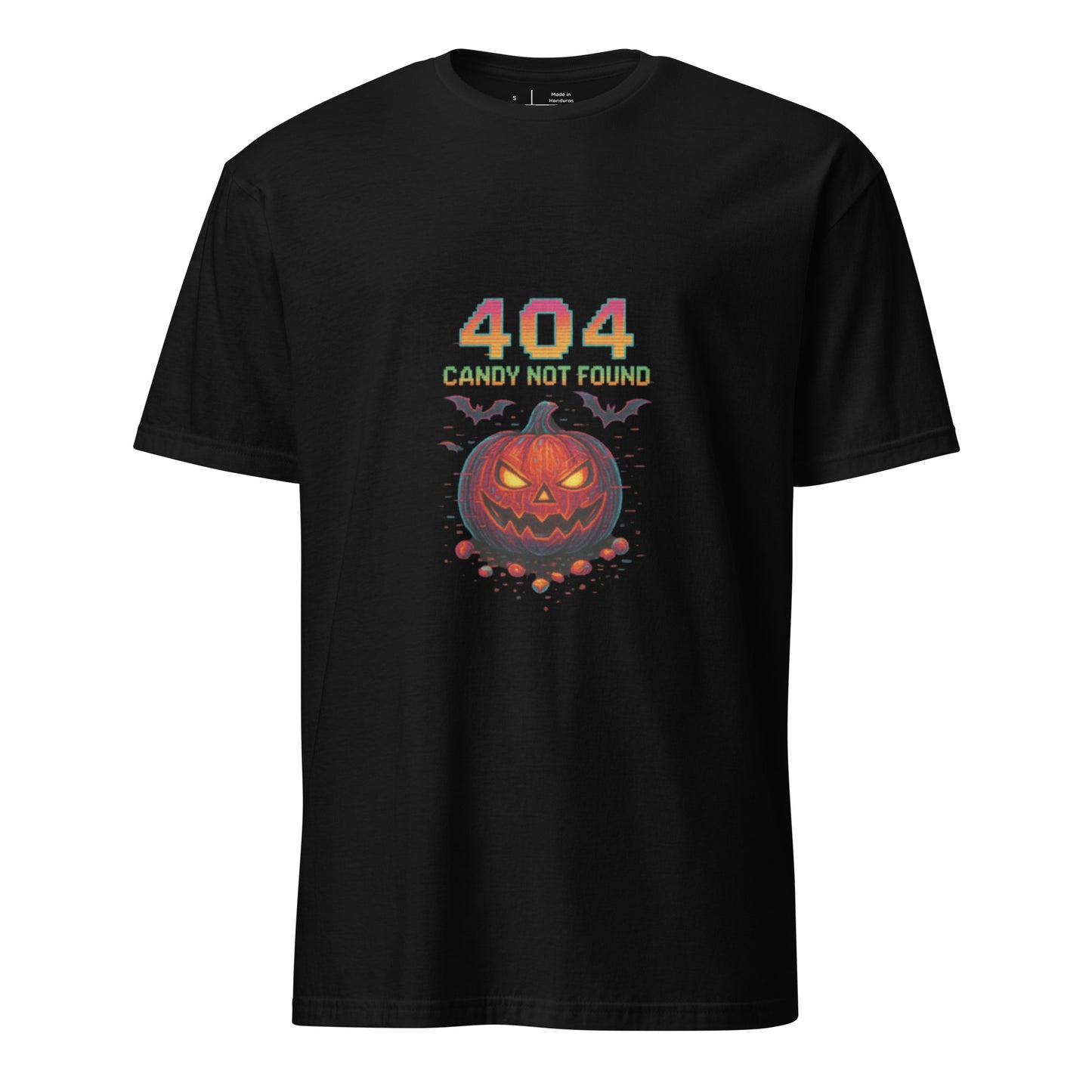 404 Candy Not Found – Cyberpunk Pumpkin Glitch - Short-Sleeve Unisex T-Shirt - Graphic Tee - Black - Front