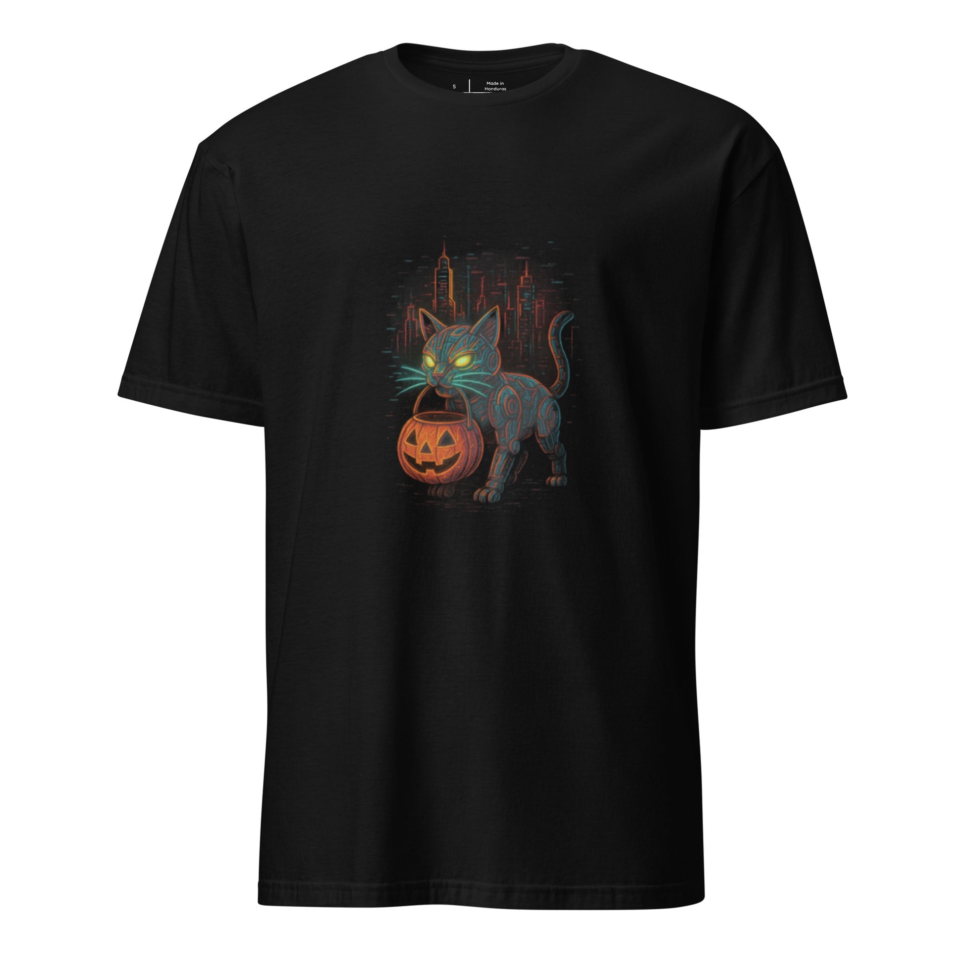Trick-or-Treat Cyborg Cat – Cyberpunk Halloween - Short-Sleeve Unisex T-Shirt - Graphic Tee - Black - Front