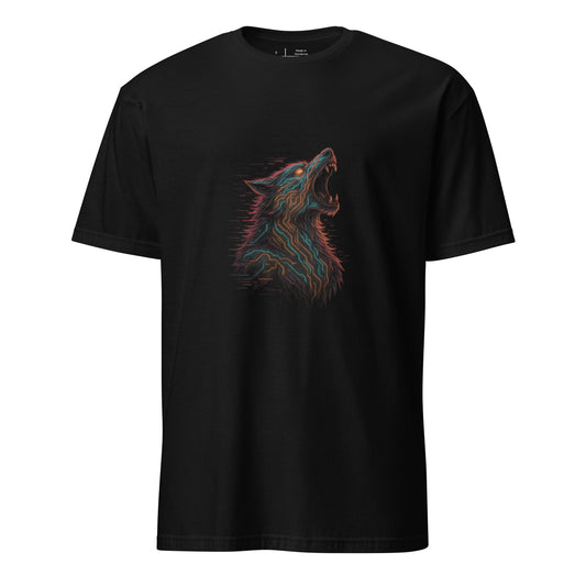 Cyberpunk Werewolf Howl – Neon Horror Tech - Short-Sleeve Unisex T-Shirt - Graphic Tee - Black - Front