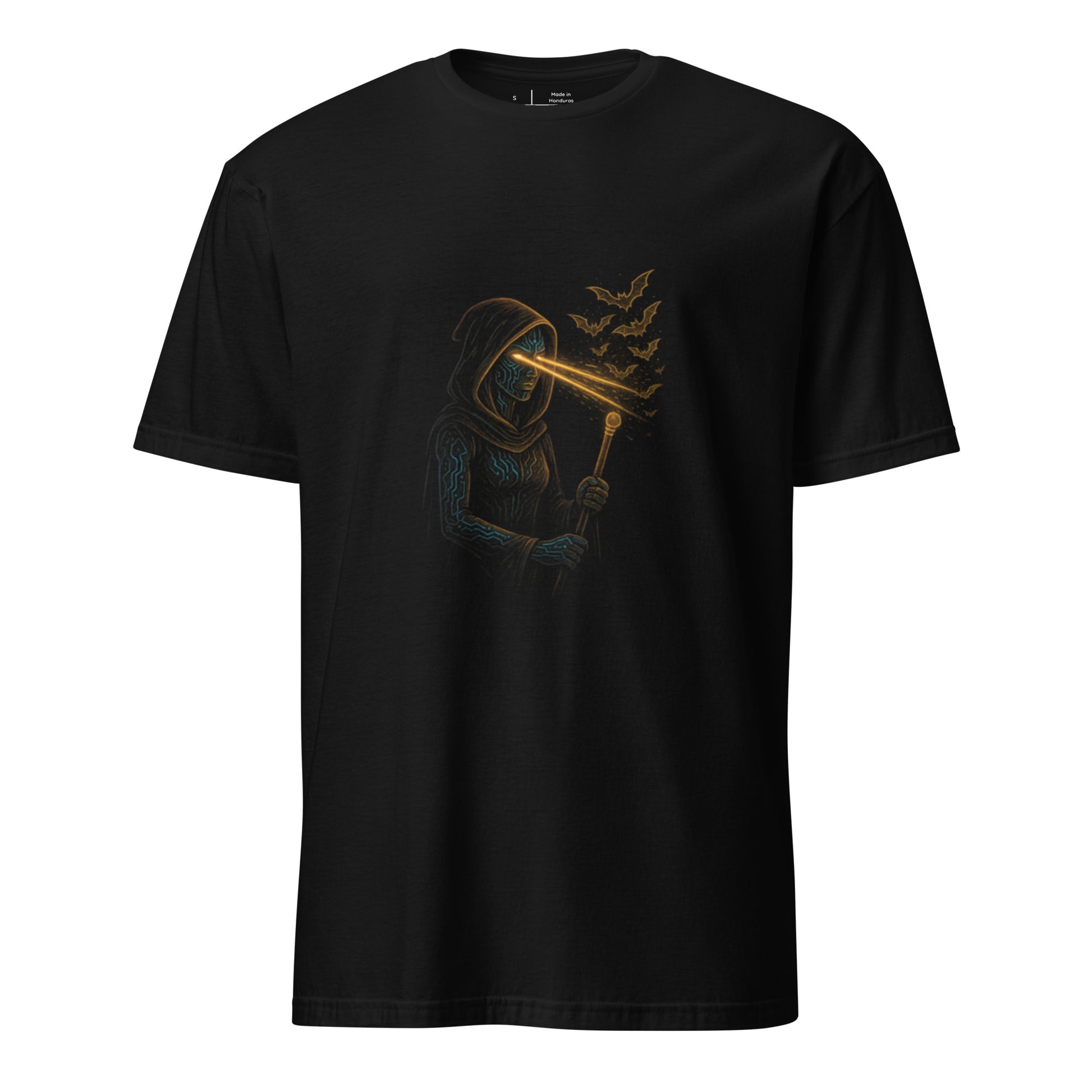 Laser-Eyed Cyber Witch – Neon Sorcery Techwear  - Short-Sleeve Unisex T-Shirt - Graphic Tee - Black - Front