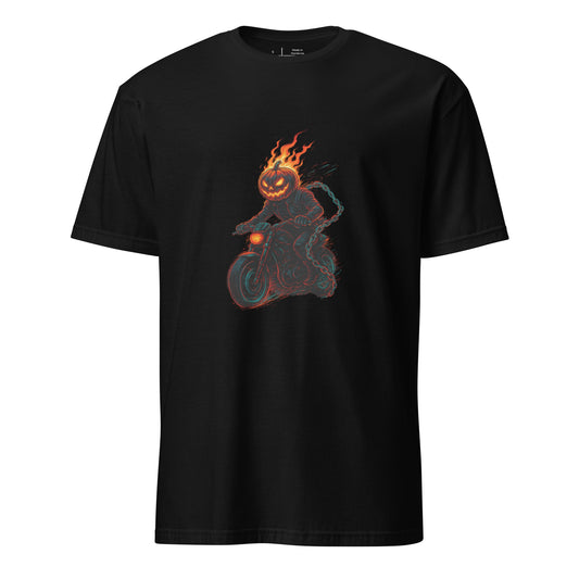Cyber Pumpkin Rider – Futuristic Neon Halloween - Short-Sleeve Unisex T-Shirt - Graphic Tee - Black - Front