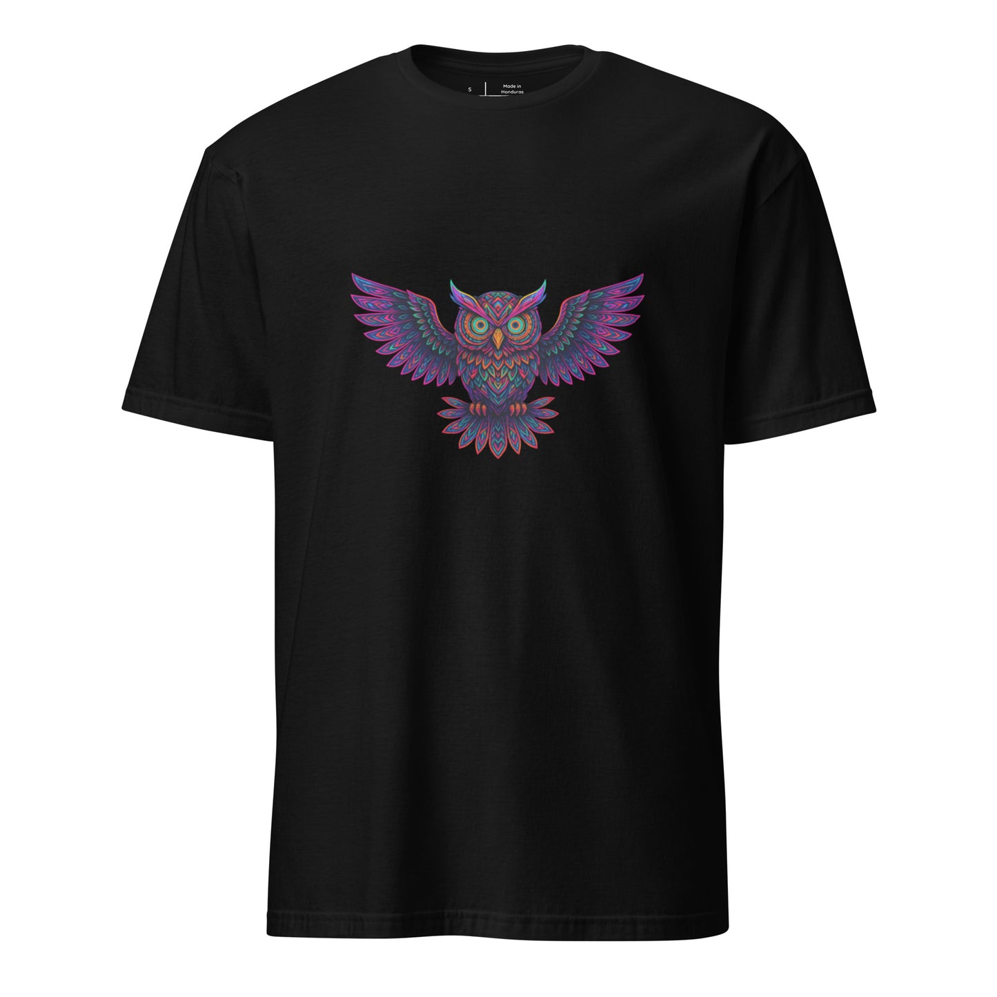 Psychedelic Owl – Trippy Neon Vision - Short-Sleeve Unisex T-Shirt - Graphic Tee - Black - Front