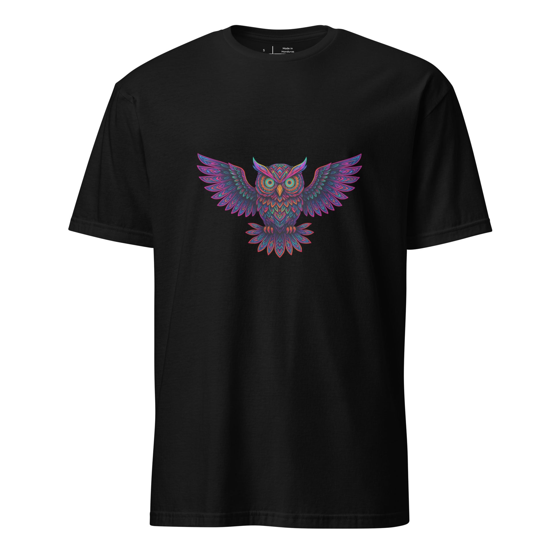 Psychedelic Owl – Trippy Neon Vision - Short-Sleeve Unisex T-Shirt - Graphic Tee - Black - Front