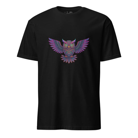 Psychedelic Owl – Trippy Neon Vision - Short-Sleeve Unisex T-Shirt - Graphic Tee - Black - Front