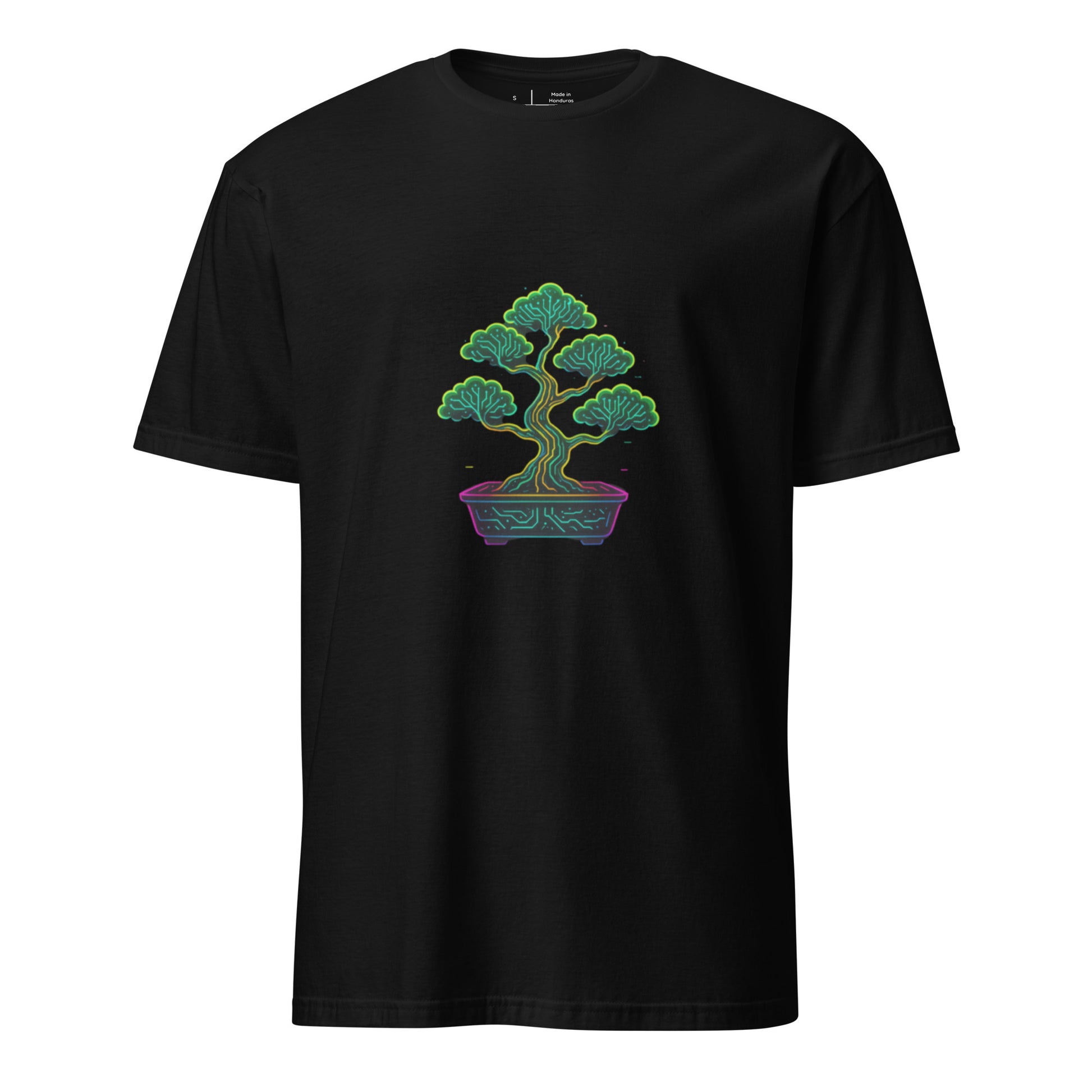 Cyber Bonsai – Neon Nature Fusion - Short-Sleeve Unisex T-Shirt - Graphic Tee - Black - Front