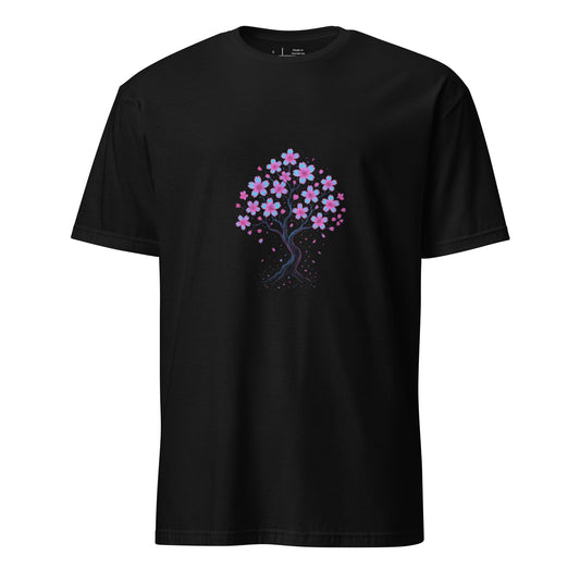 Digital Sakura Blossom – Holographic Harmony - Short-Sleeve Unisex T-Shirt - Graphic Tee - Black - Front