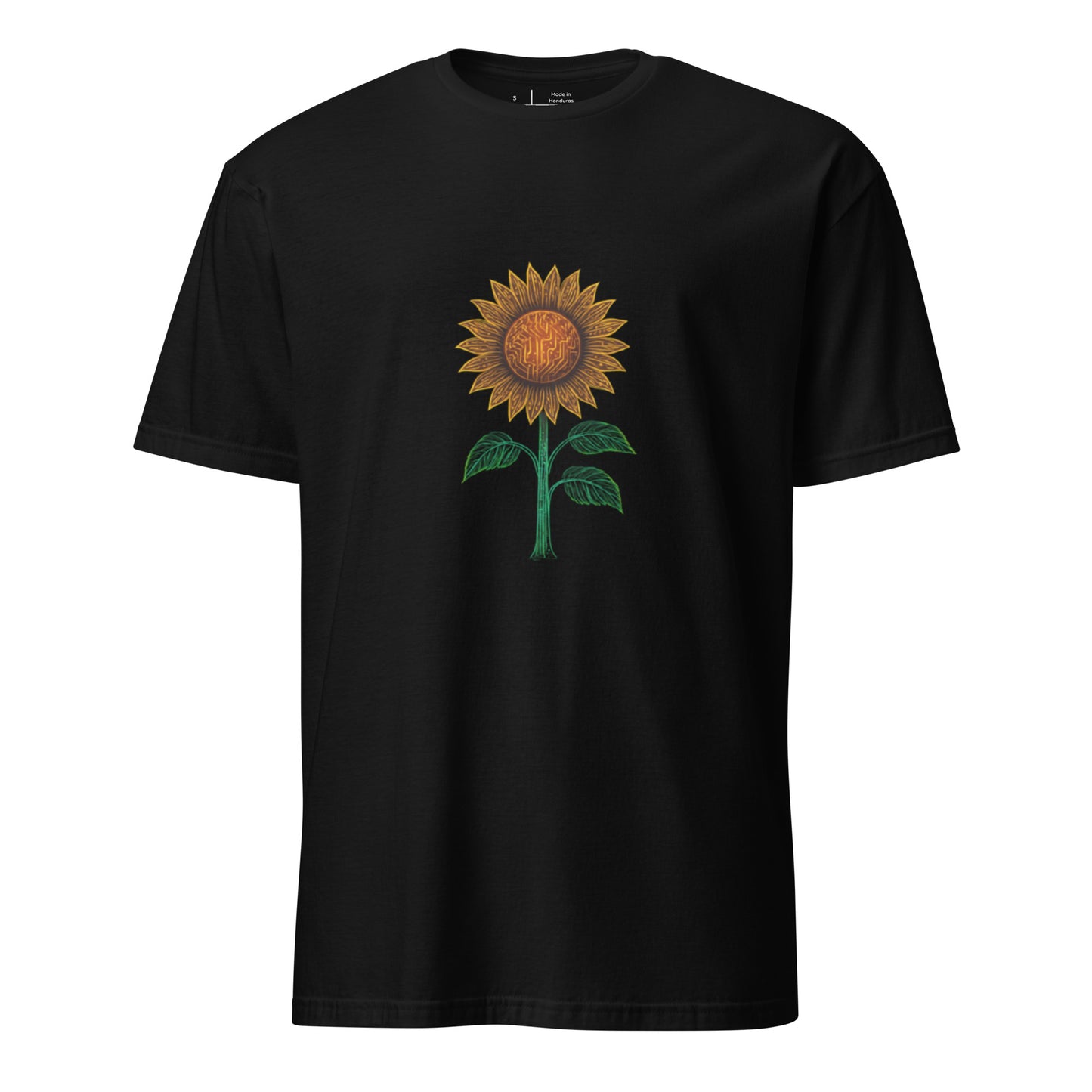 Circuitry Sunflower – Neon Tech Bloom - Short-Sleeve Unisex T-Shirt - Graphic Tee - Black - Front