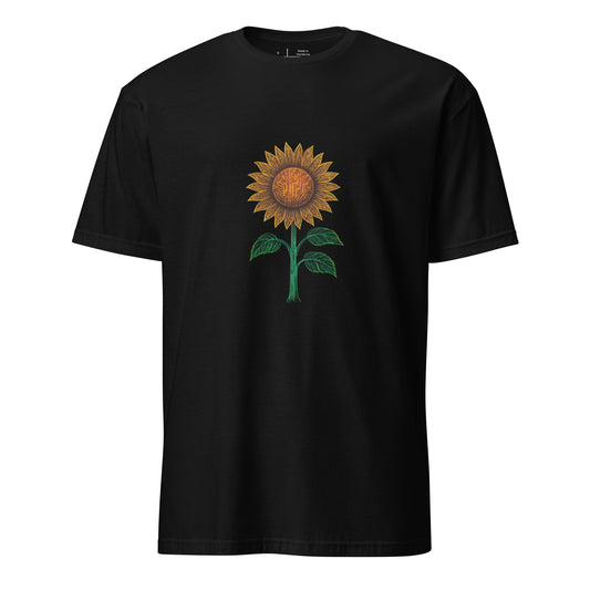 Circuitry Sunflower – Neon Tech Bloom - Short-Sleeve Unisex T-Shirt - Graphic Tee - Black - Front