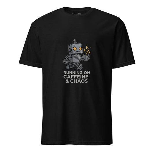 Running on Caffeine & Chaos – Cyber Coffee Robot - Short-Sleeve Unisex T-Shirt - Graphic Tee - Black - Front
