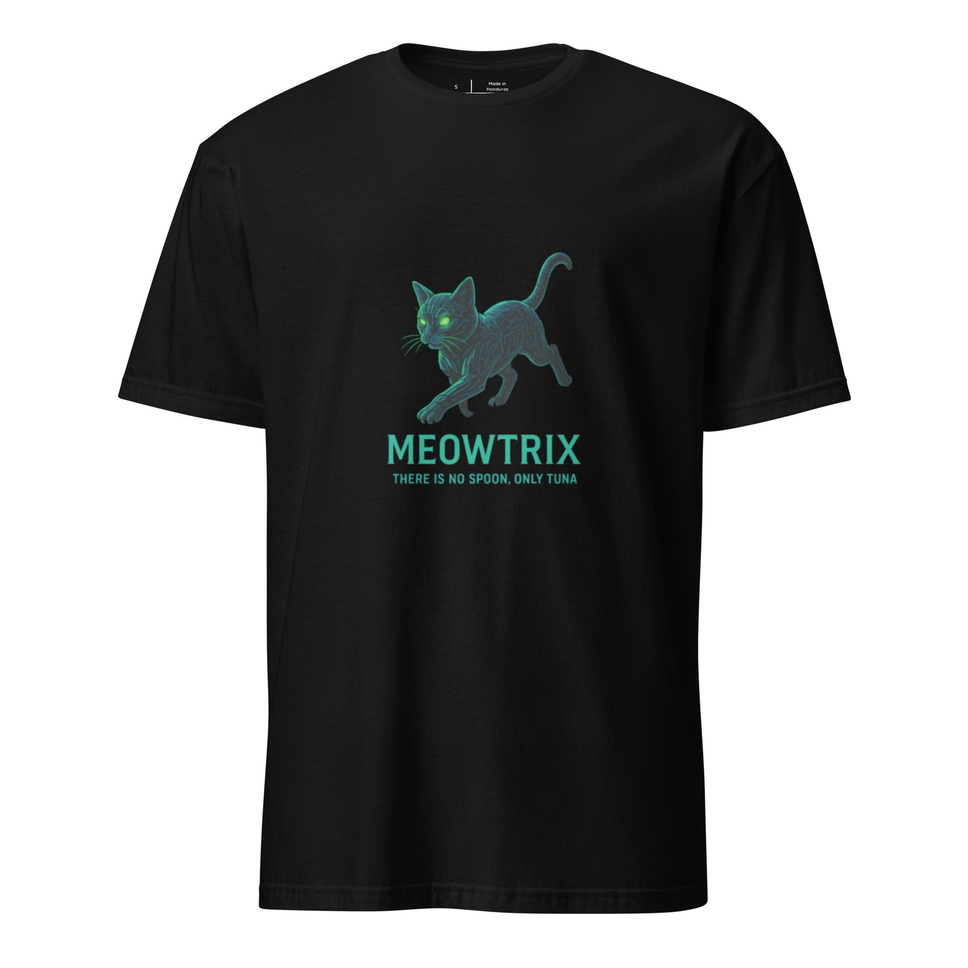 Meowtrix – Cyber Cat Matrix Parody - Short-Sleeve Unisex T-Shirt - Graphic Tee - Black - Front