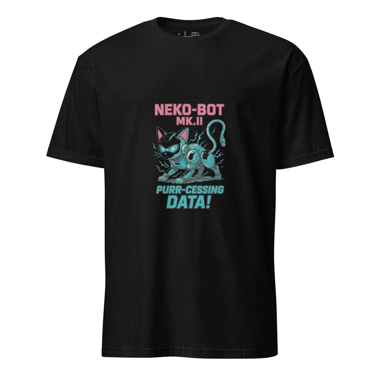 Neko-Bot Mk. II – “Purr-cessing Data…” - Short-Sleeve Unisex T-Shirt - Graphic Tee - Black - Front