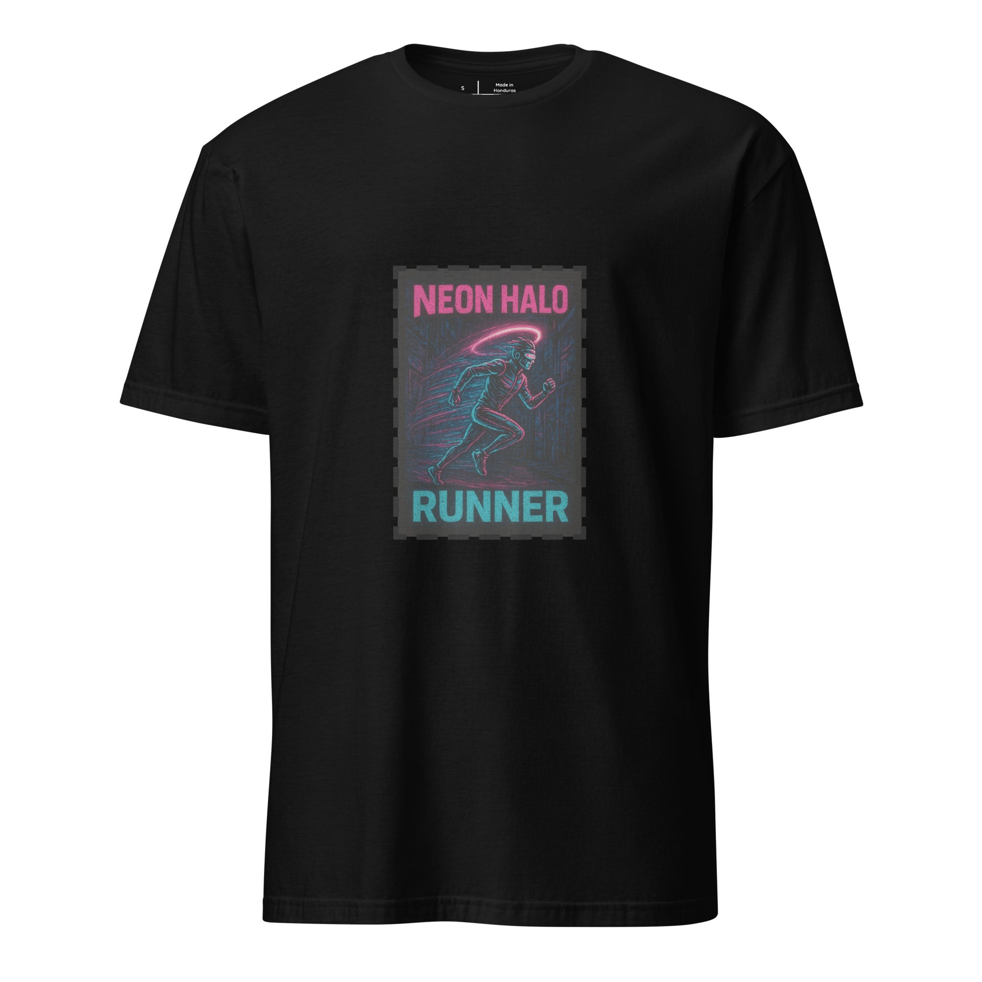 Neon Halo Runner - Cyber Adrenaline - Short-Sleeve Unisex T-Shirt - Graphic Tee - Black - Front