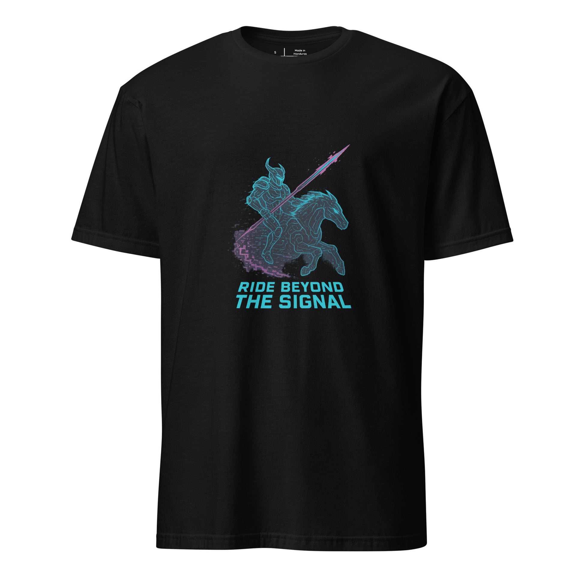 Neon Wraith Dragoon – “Ride Beyond the Signal.” - Short-Sleeve Unisex T-Shirt - Graphic Tee - Black - Front