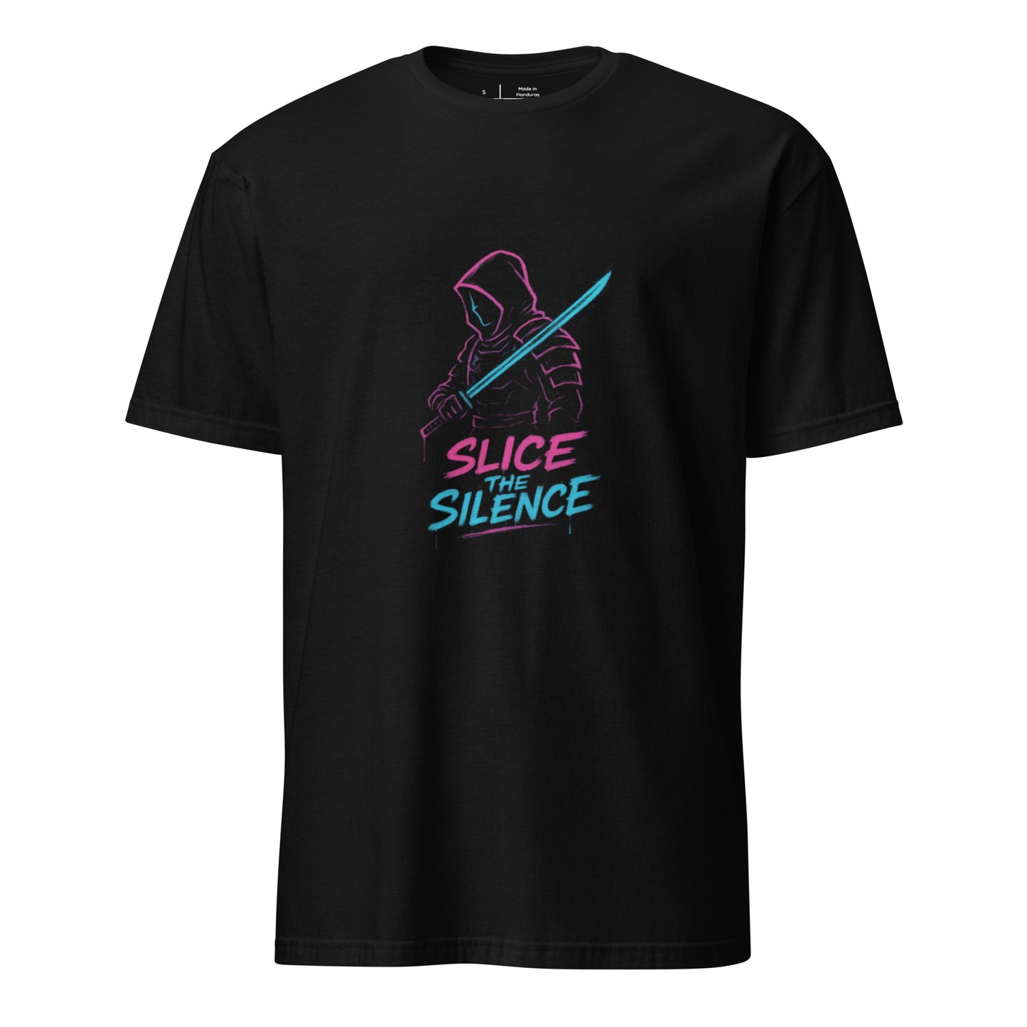 Synthwave Tag Samurai – “Slice the Silence.” - Short-Sleeve Unisex T-Shirt - Graphic Tee - Black - Front