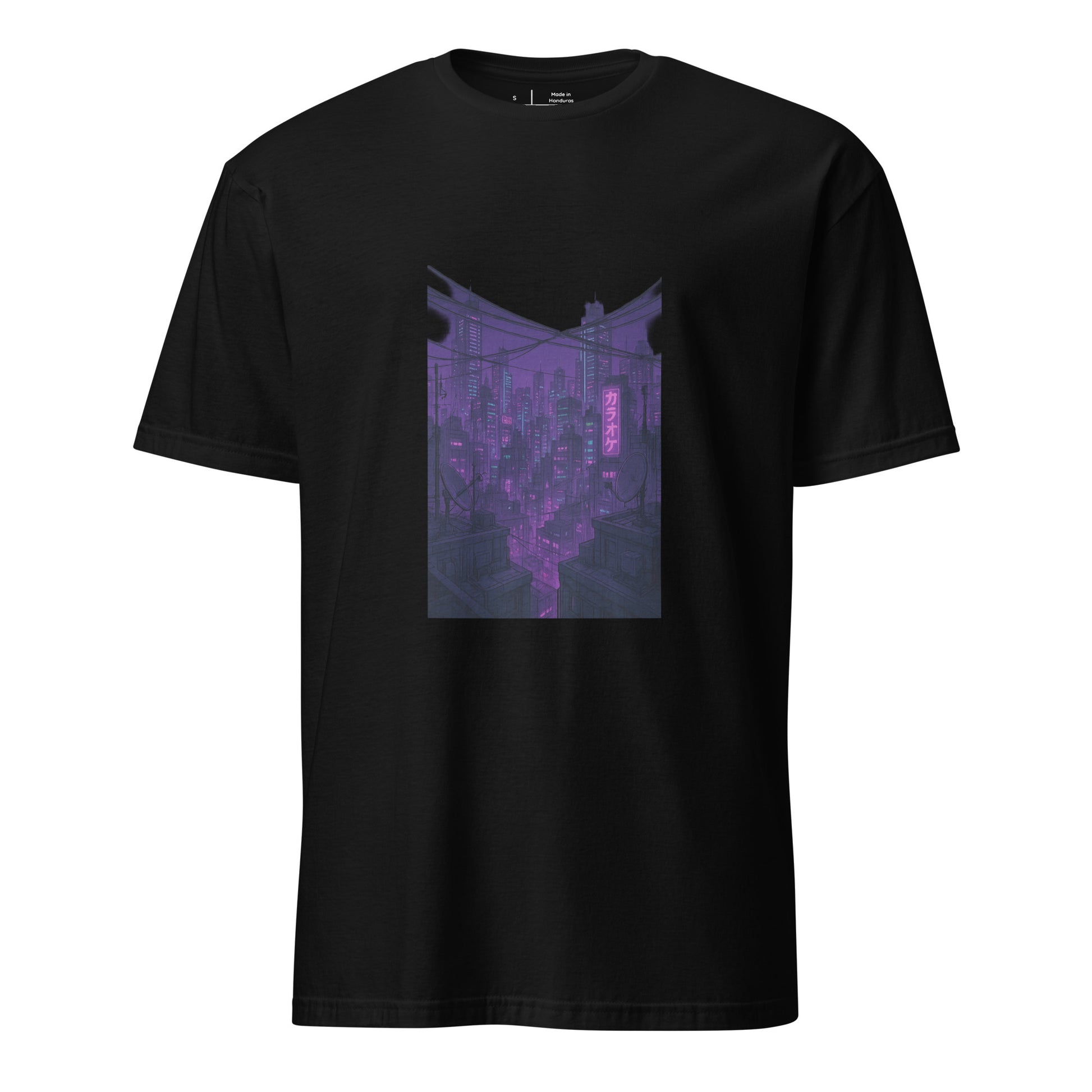 Cyber Tokyo Rooftops – Neon City Streetwear T-Shirt - Short-Sleeve Unisex T-Shirt - Graphic Tee - Black - Front