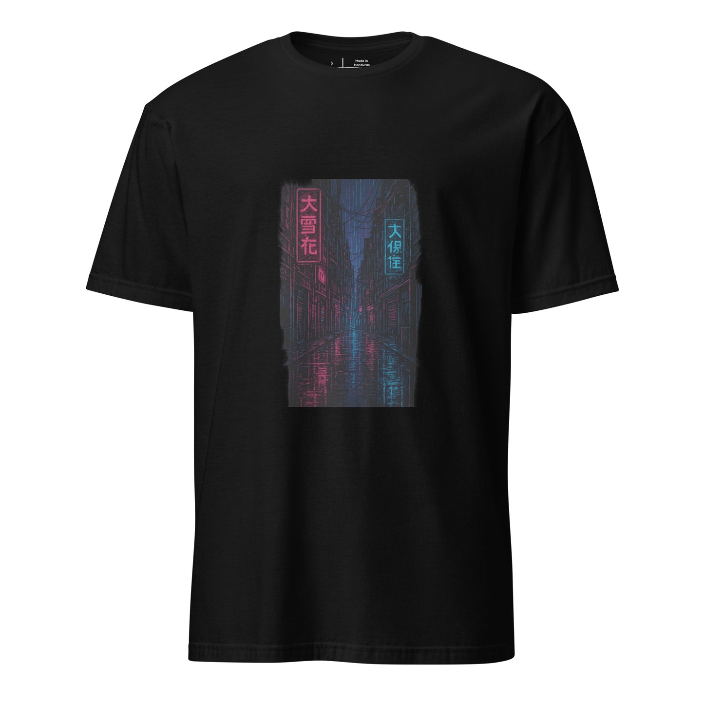 Neon Rain Alley – Cyberpunk Street Art - Short-Sleeve Unisex T-Shirt - Graphic Tee - Black - Front