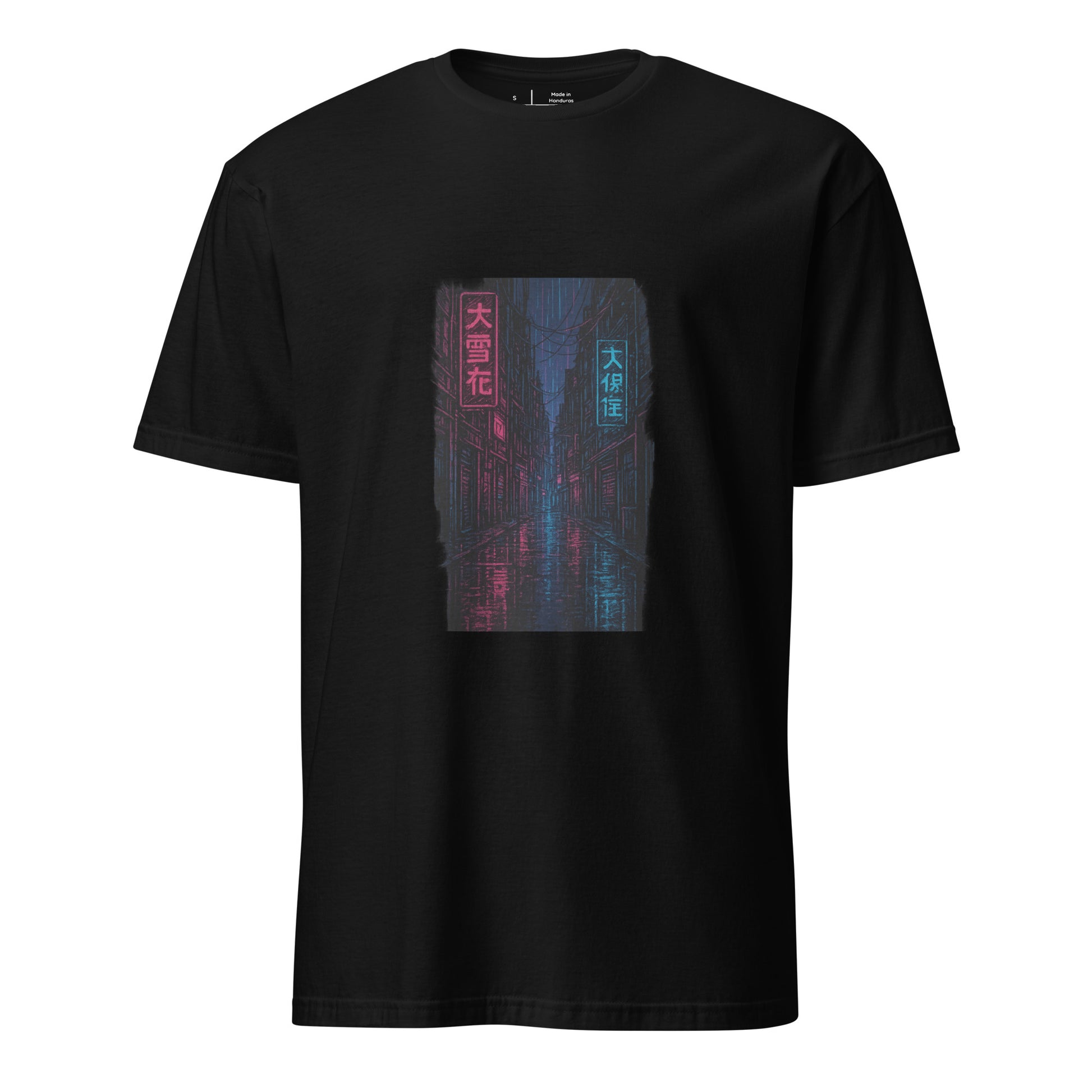 Neon Rain Alley – Cyberpunk Street Art - Short-Sleeve Unisex T-Shirt - Graphic Tee - Black - Front