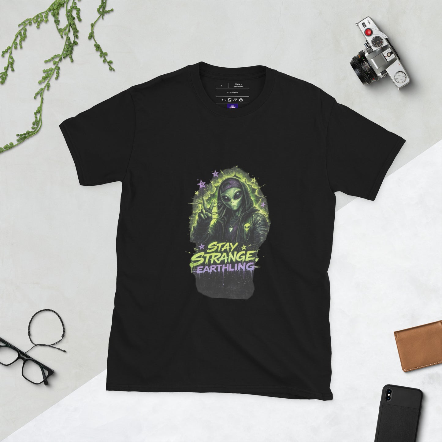 Stay Strange, Earthling – Retro Sci-Fi - Short-Sleeve Unisex T-Shirt - Graphic Tee - Black - Front