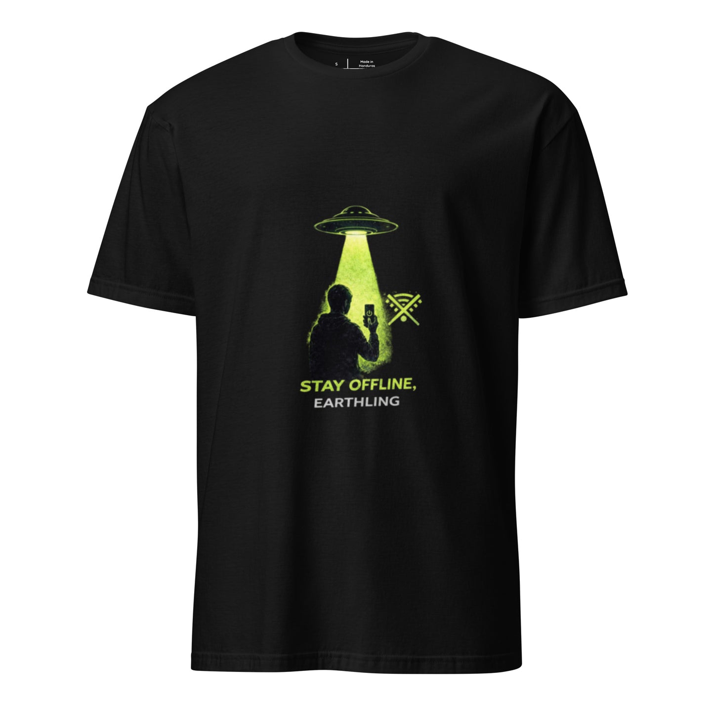Stay Offline, Earthling – Minimal Sci-Fi Humour - Short-Sleeve Unisex T-Shirt - Graphic Tee - Black - Front